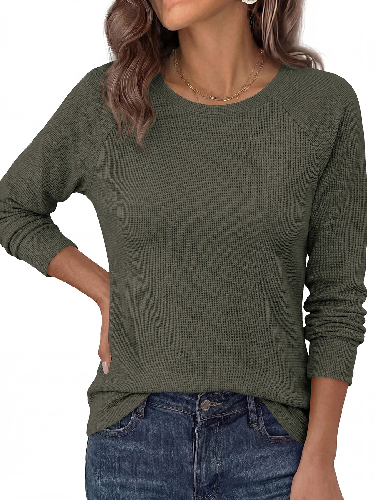 PRETTYGARDEN Womens Long Sleeve Shirts Waffle Knit Lightweight Fall Tops | Crewneck Loose Fit Curvy Hem Pullover Top, Soft Comfy Cute Tee Shirt, Dressy Casual Office Work Outfits, Fashion Clothing