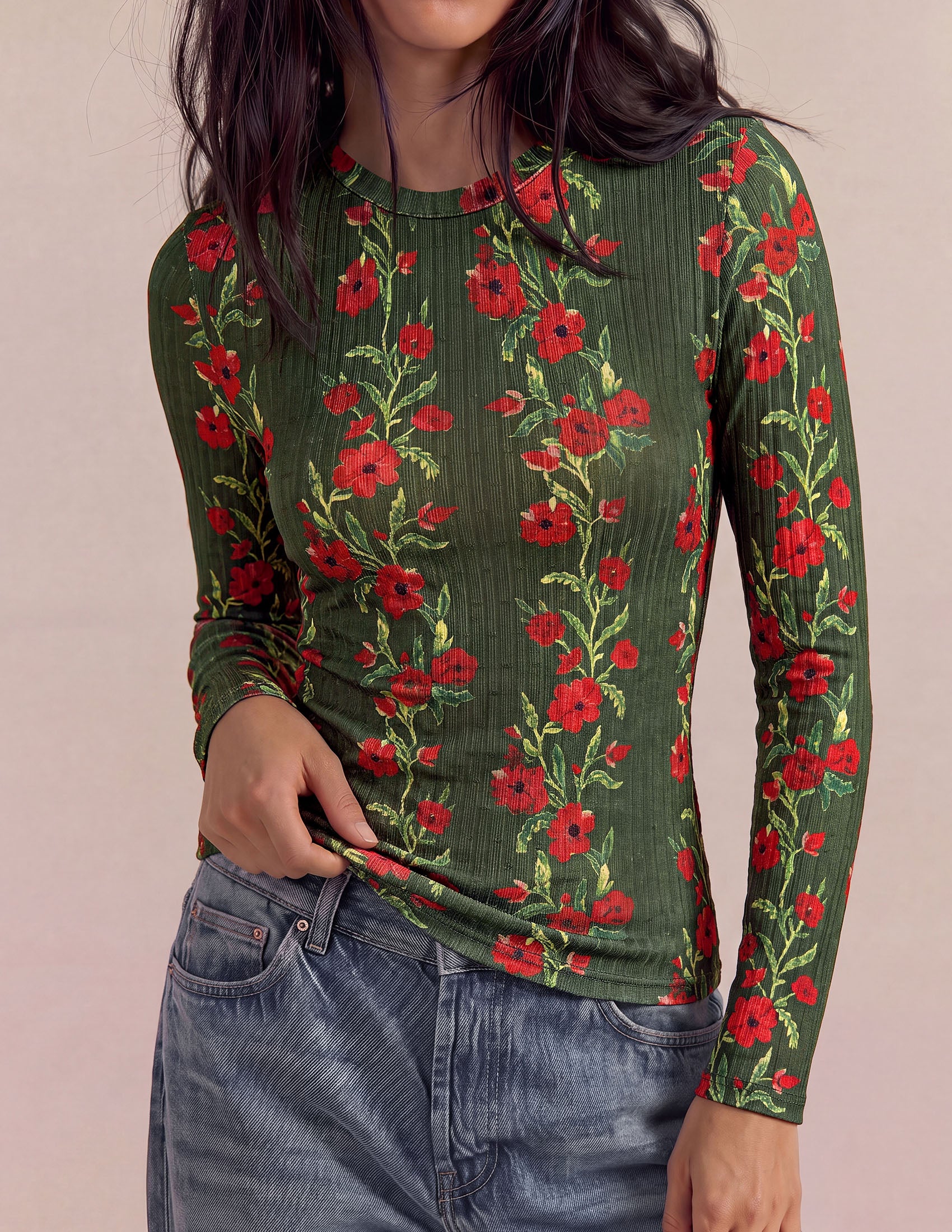 PRETTYGARDEN Womens Long Sleeve Shirts Floral Y2K Tops | Soft Lightweight Ribbed Knit Top,Fitted Waist,Crew Neck Slim Fit,Going Out Vacation Outfits,Layering Fall Winter Clothes
