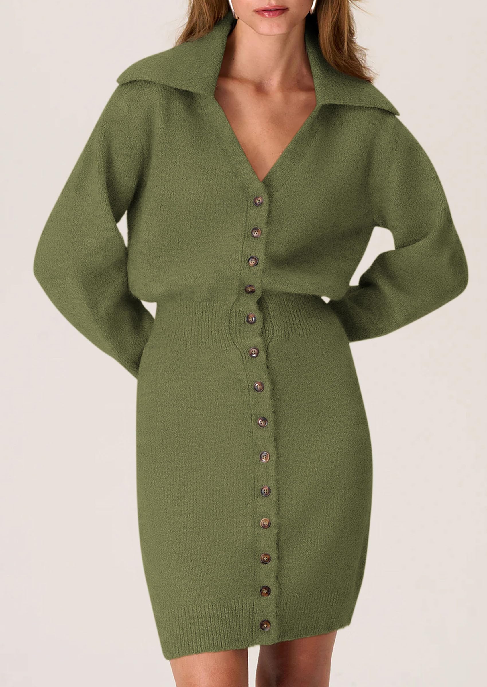 PRETTYGARDEN Sweater Dresses for Women Trendy Long Sleeve Button Down Short Spring Dress