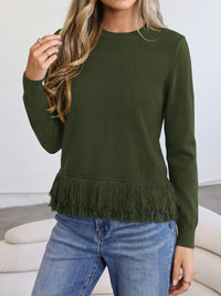 PRETTYGARDEN Womens Crewneck Long Sleeve Fringe Sweaters Pullover Tops Fringed Hemline, Ribbed Knit, Loose Fit, Bohemian Style, Soft Comfy Cute Sweater, Fall Winter Outfits, Casual Daily Wear