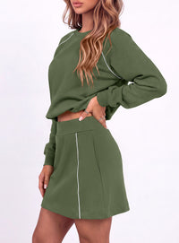 PRETTYGARDEN Women's Two Piece Outfits Matching Skirt Sets | Color Block Long Sleeve Top Sweatshirt, Mini Short Skirts, Elastic Waist Skorts Pocket, 2pc Workout Set, Fall Fashion Clothes