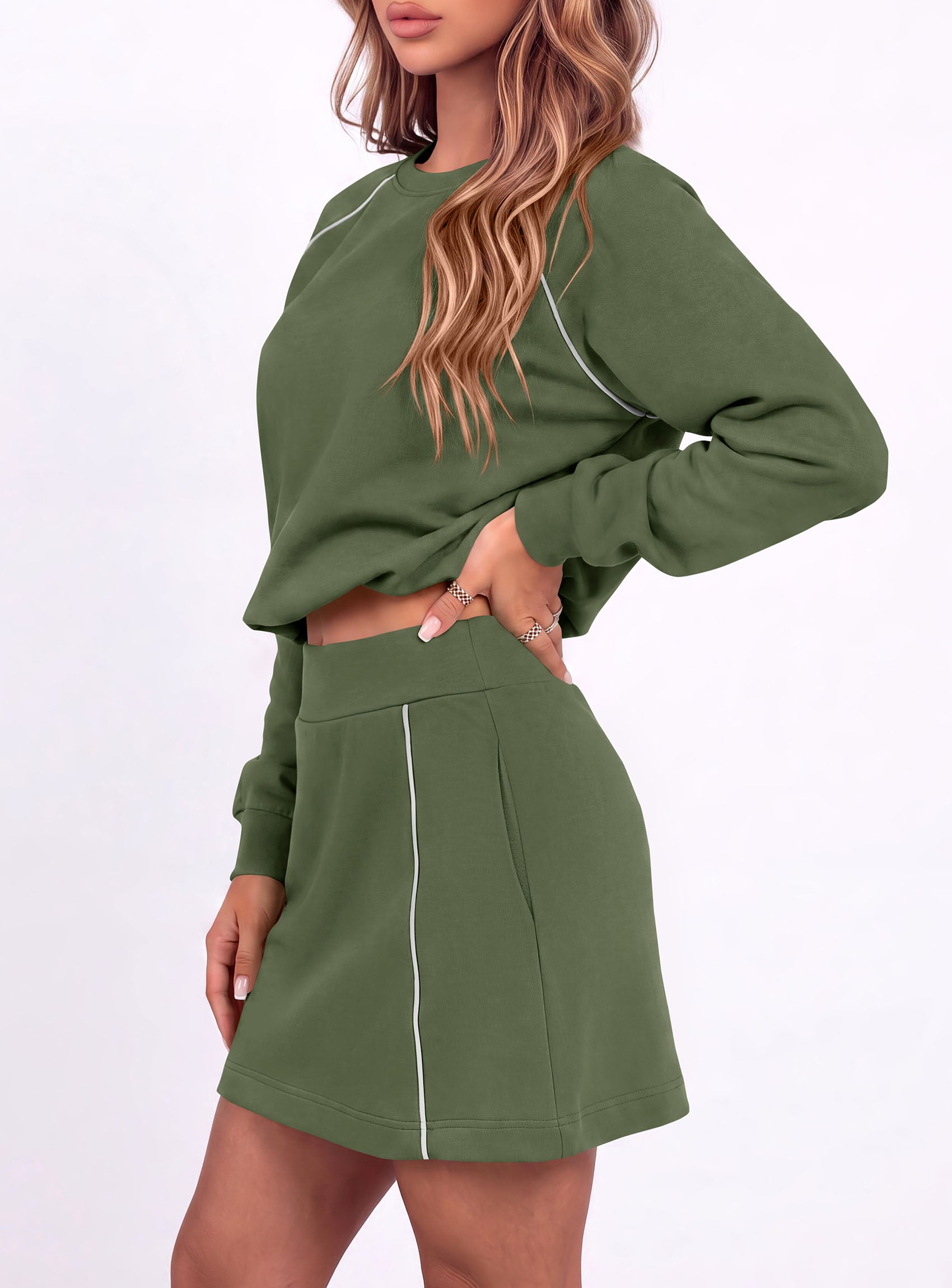 PRETTYGARDEN Women's Two Piece Outfits Matching Skirt Sets | Color Block Long Sleeve Top Sweatshirt, Mini Short Skirts, Elastic Waist Skorts Pocket, 2pc Workout Set, Fall Fashion Clothes