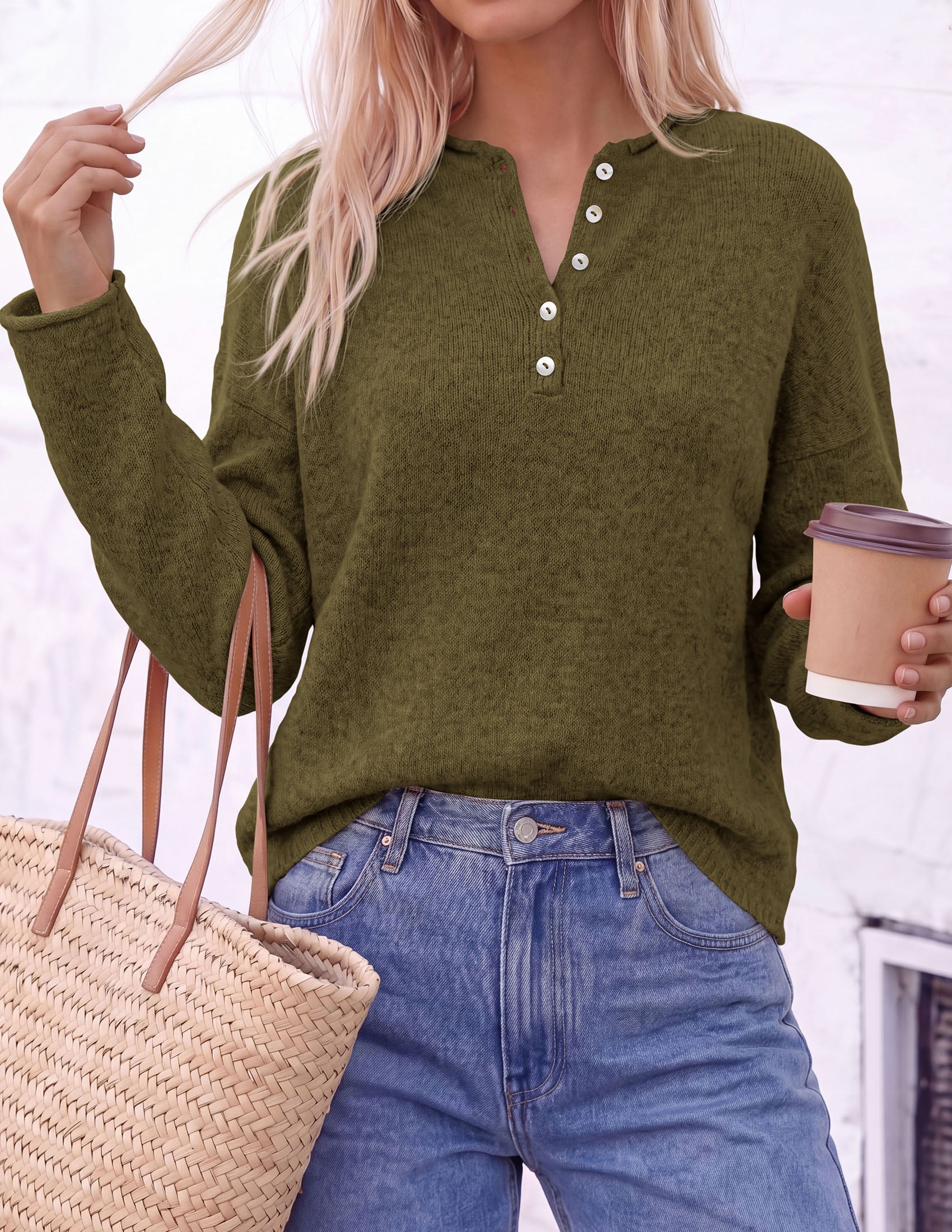 PRETTYGARDEN Women's Fall Button Up Cozy Pullover Sweaters | Stretchy Soft Knit, Drop Shoulder Long Sleeve Tops, Henley Crewneck Rolled Edge, Dressy Casual Blouses, Trendy Winter Clothes