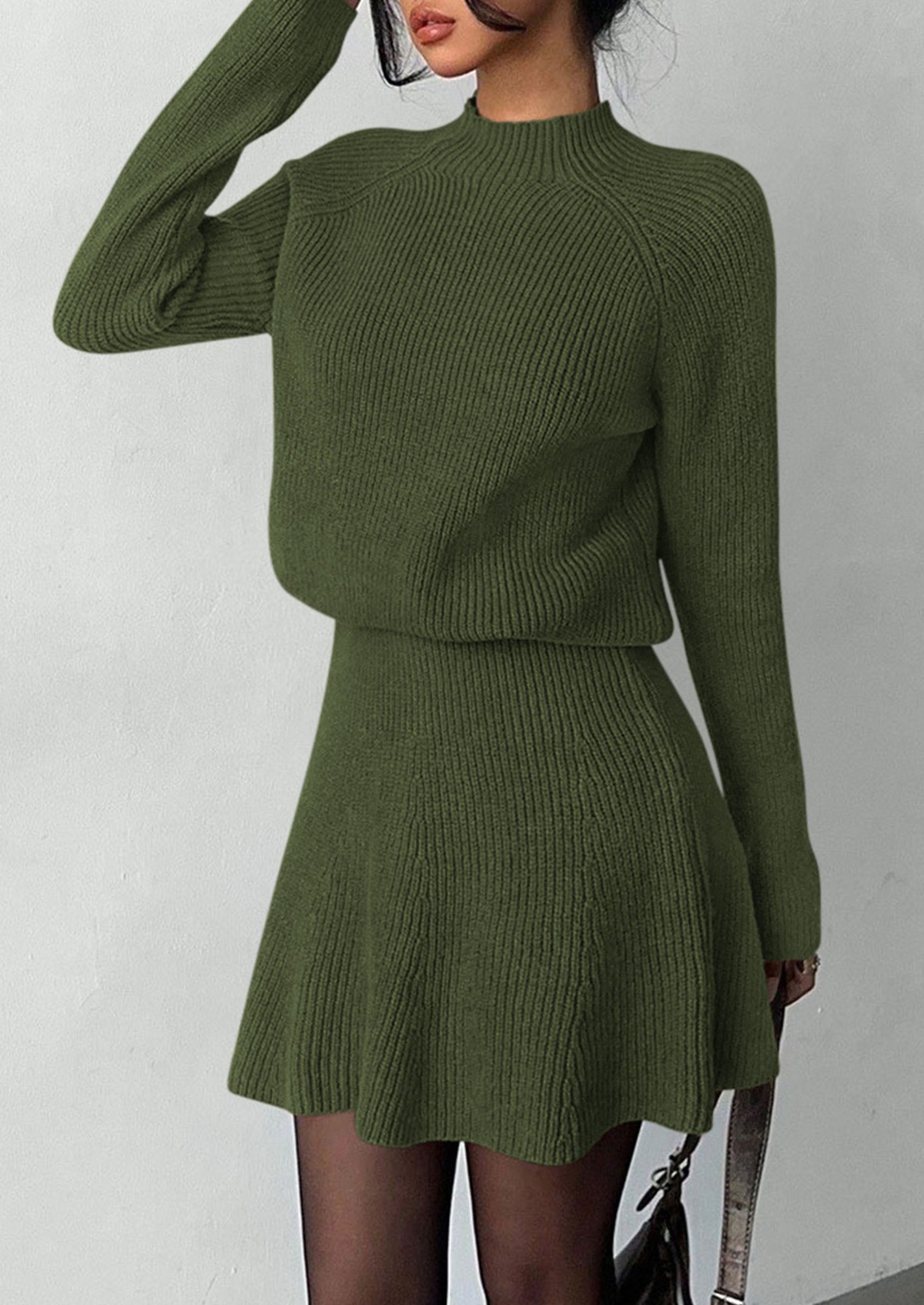 PRETTYGARDEN Women's Fall 2 Piece Outfits Matching Sweater Skirt Sets  Cozy Ribbed Knit, Raglan Long Sleeve, Crewneck Pullover, Elastic Waist A Line, Mini Short Skirts, Holiday Winter Clothing