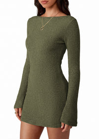 PRETTYGARDEN Womens Fall Bell Long Sleeve Mini Dress 2026 Casual Boat Neck Ribbed Bodycon Short Party Cocktail Dresses
