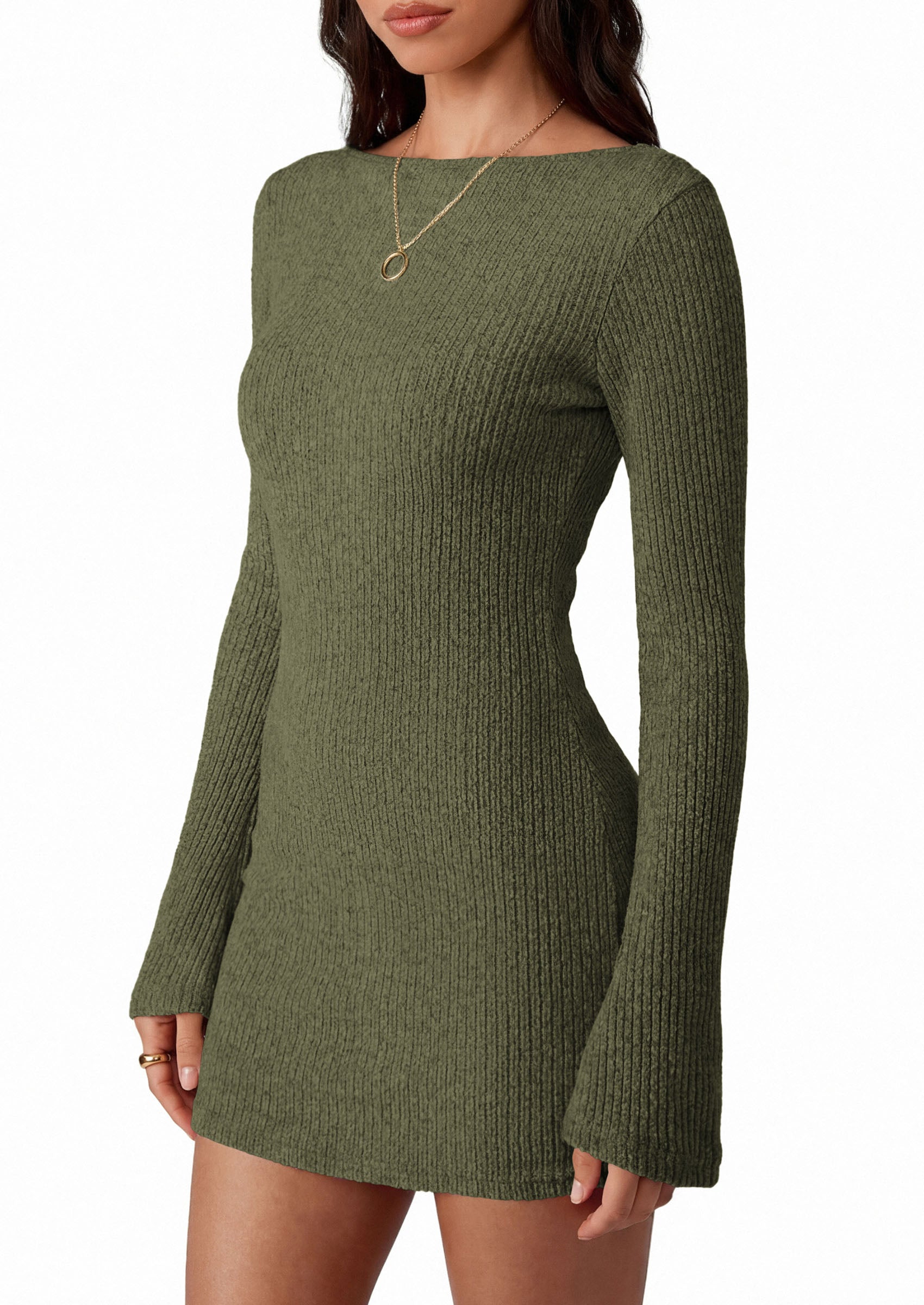 PRETTYGARDEN Womens Fall Bell Long Sleeve Mini Dress 2026 Casual Boat Neck Ribbed Bodycon Short Party Cocktail Dresses