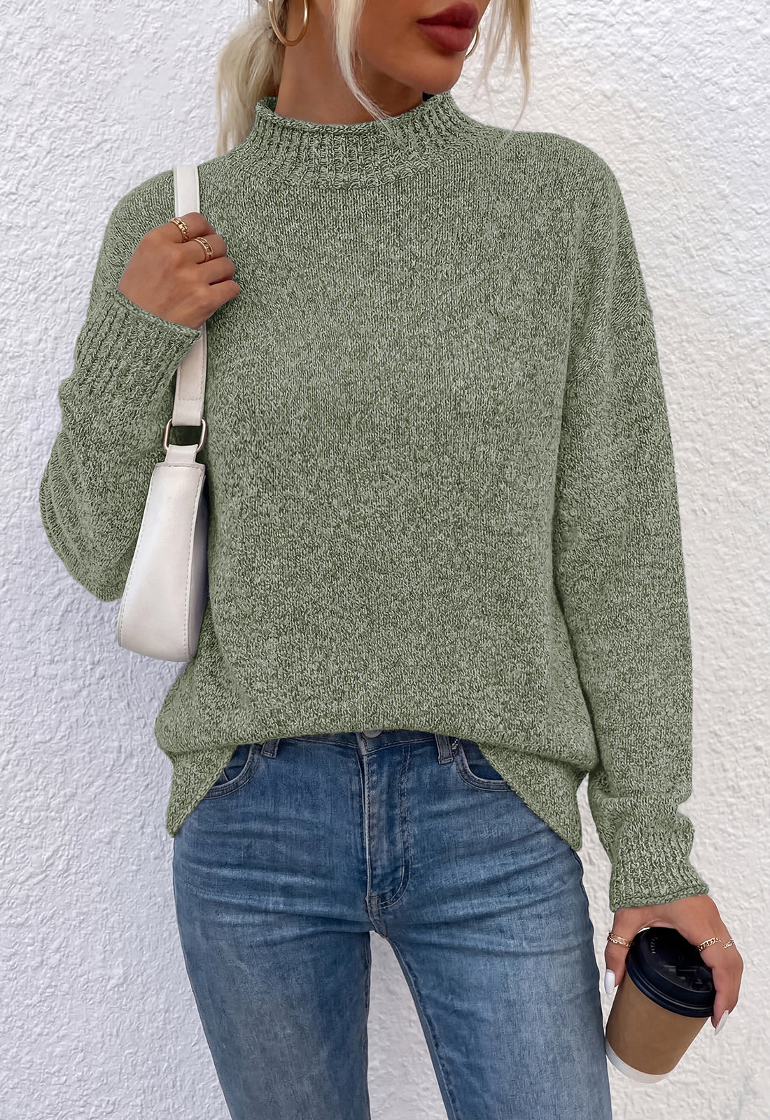 PRETTYGARDEN Womens Sweaters 2026 Mock Neck Ribbed Knit Fall Outfits | Long Sleeve Pullover Tops, Rolled Edge, Loose Fit, Soft Cotton Fabric, Comfy Cozy Sweater, Versatile Casual Cute Clothes
