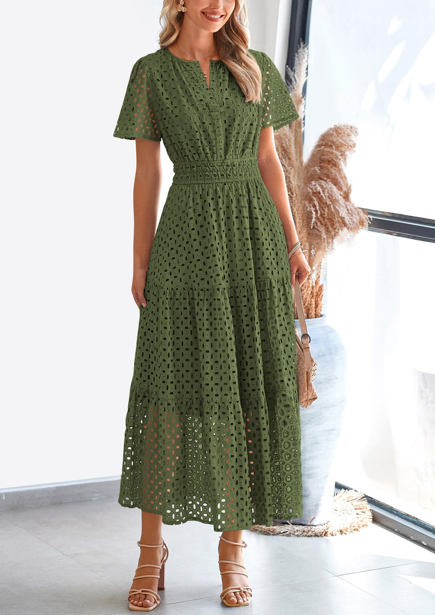 PRETTYGARDEN Womens Maxi Dress Short Sleeve V Neck Hollow Out Eyelet A Line Long Flowy Beach Vacation Dresses