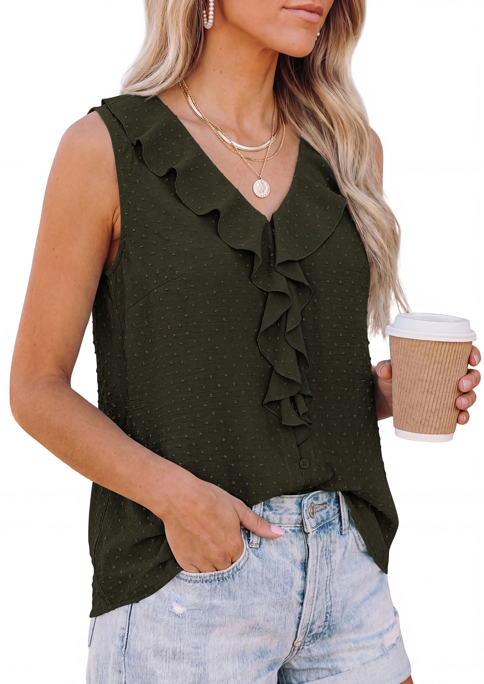 PRETTYGARDEN Womens Tank Tops 2026 Summer Dressy Casual Blouses Sleeveless Ruffle V Neck Swiss Dot Button Down Work Shirts PRETTYGARDEN