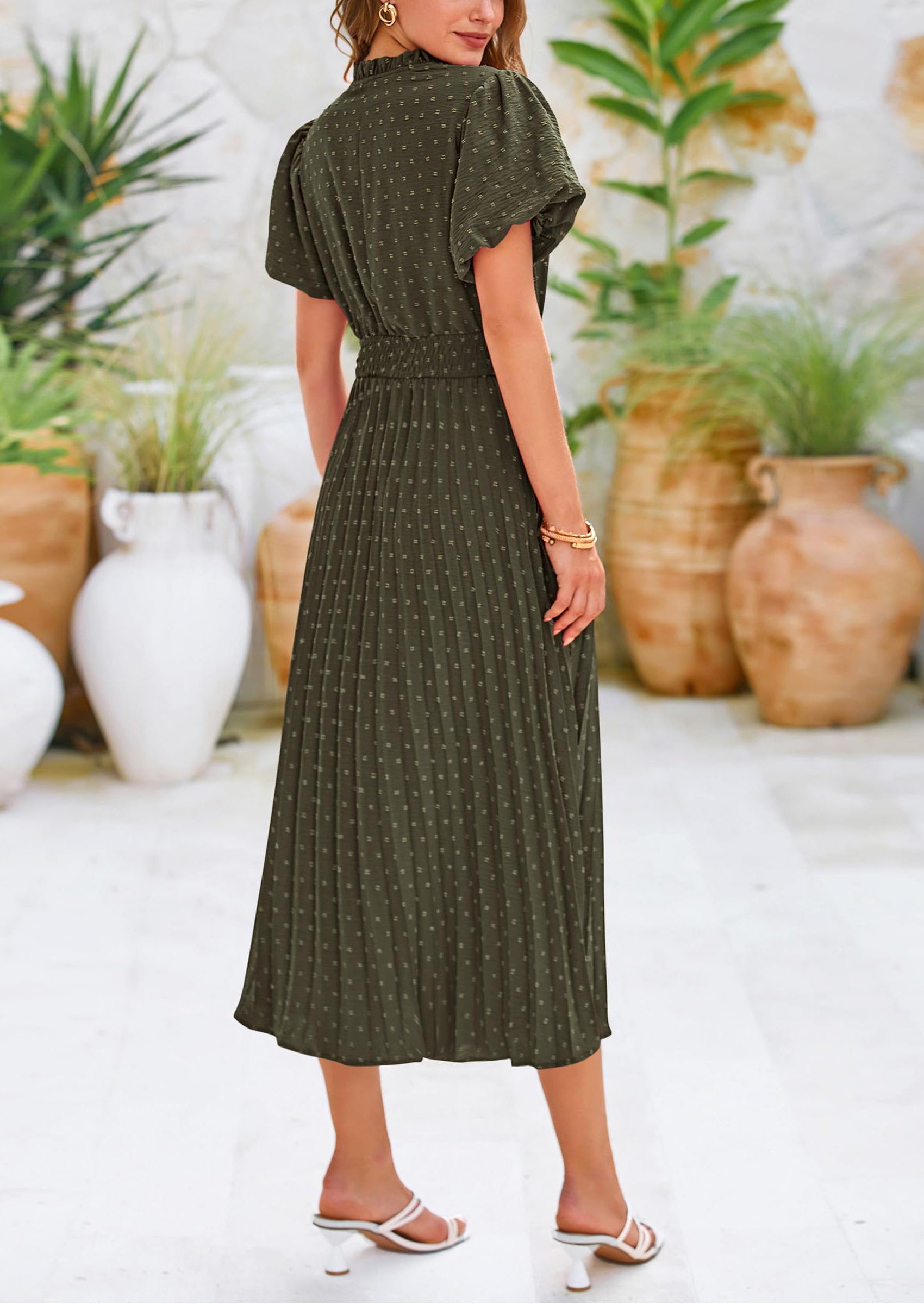 PRETTYGARDEN Womens Midi Dresses Puff Short Sleeve V Neck Swiss Dot Pleated A Line Flowy Long Wedding Guest Dress