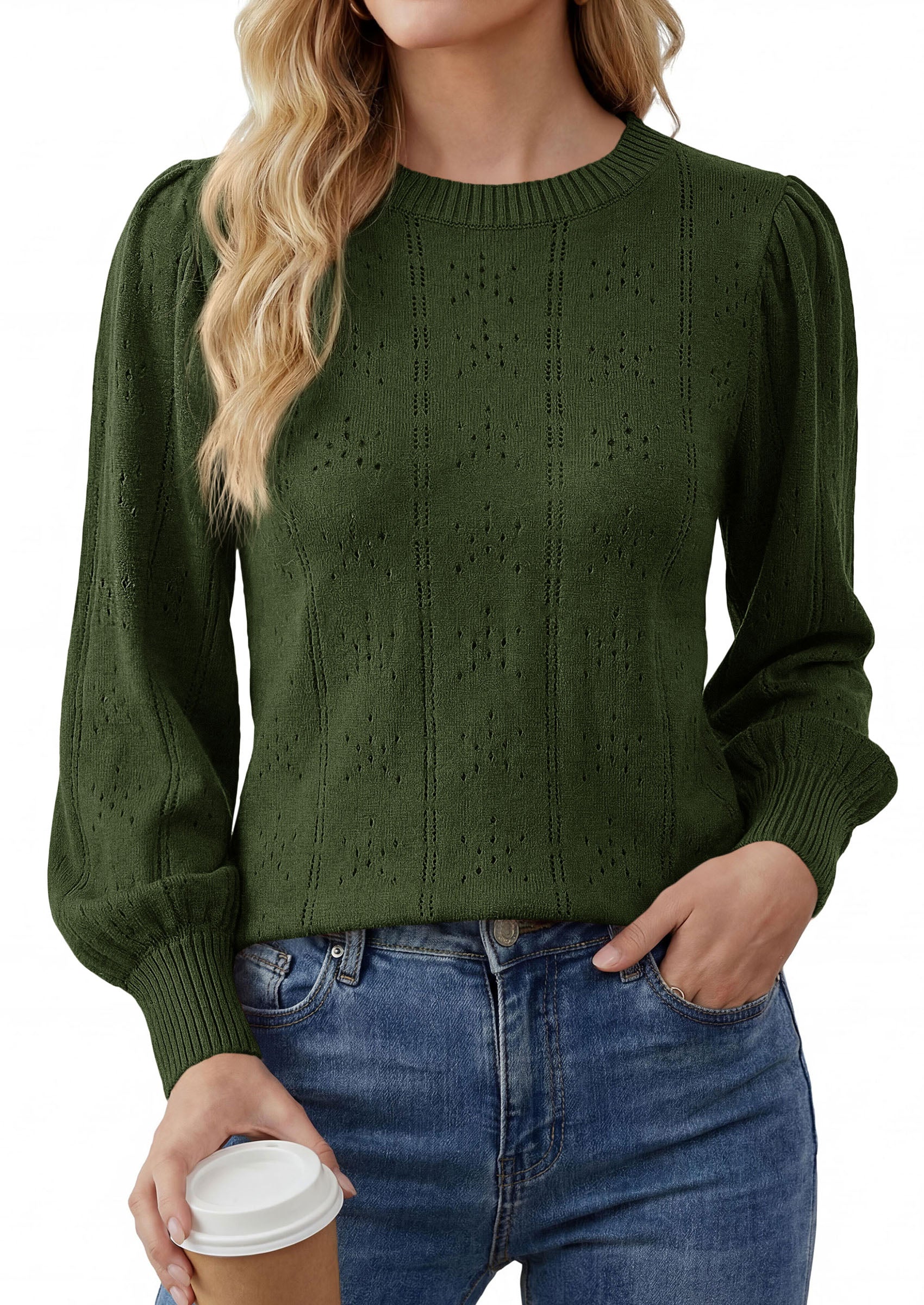 PRETTYGARDEN Women Fall Fashion Hollow Out Holiday Sweaters | Stretchy Cozy Knit, Puff Long Sleeve Pullover Tops, Crewneck Loose Fit, Dressy Casual Blouse, Trendy Winter Going Out Outfits