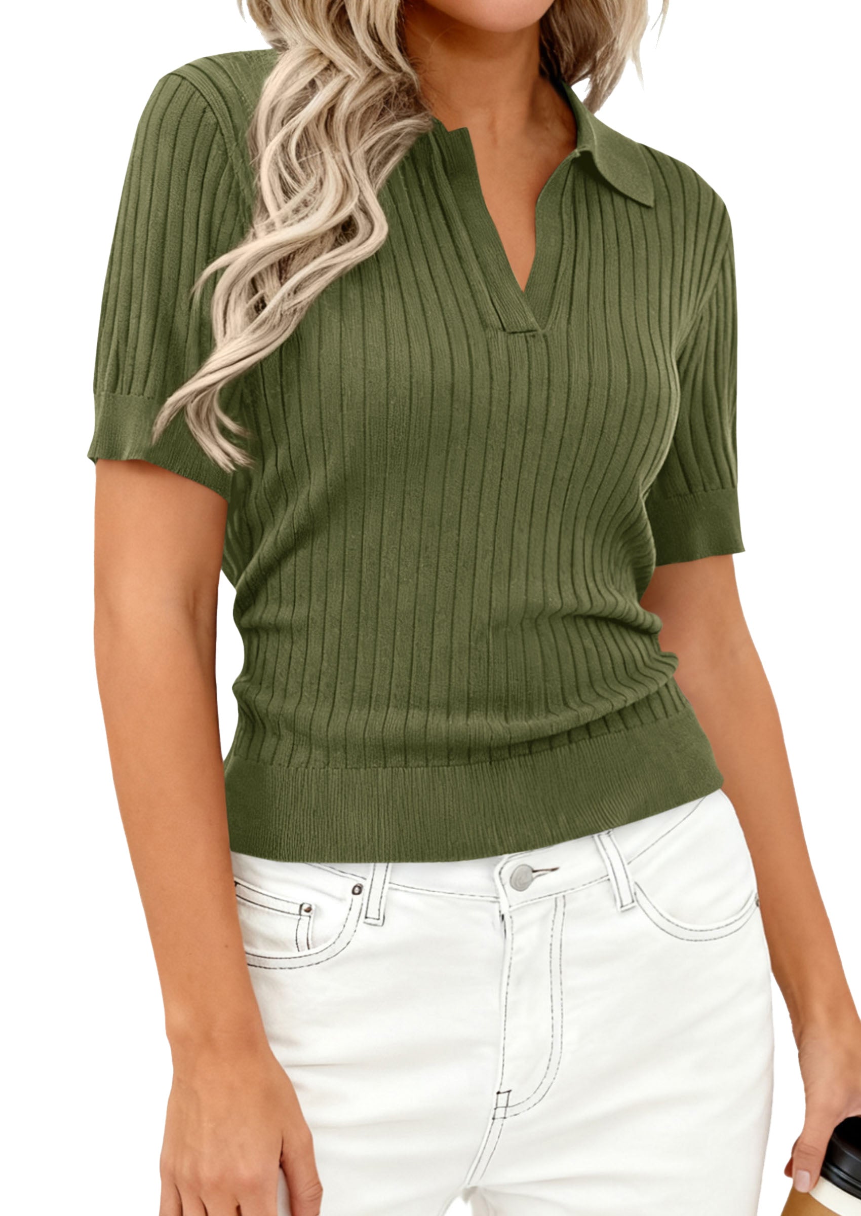 PRETTYGARDEN Women's Short Sleeve Sweater 2026 Spring Polo Shirts Ribbed Knit V Neck Business Casual Tops Summer Work Clothes PRETTYGARDEN