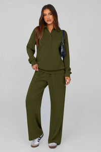 PRETTYGARDEN Women Fall 2 Piece Outfits Sweatsuits Quarter Button Long Sleeve Sweatshirt Wide Leg Pants Tracksuit Lounge Sets