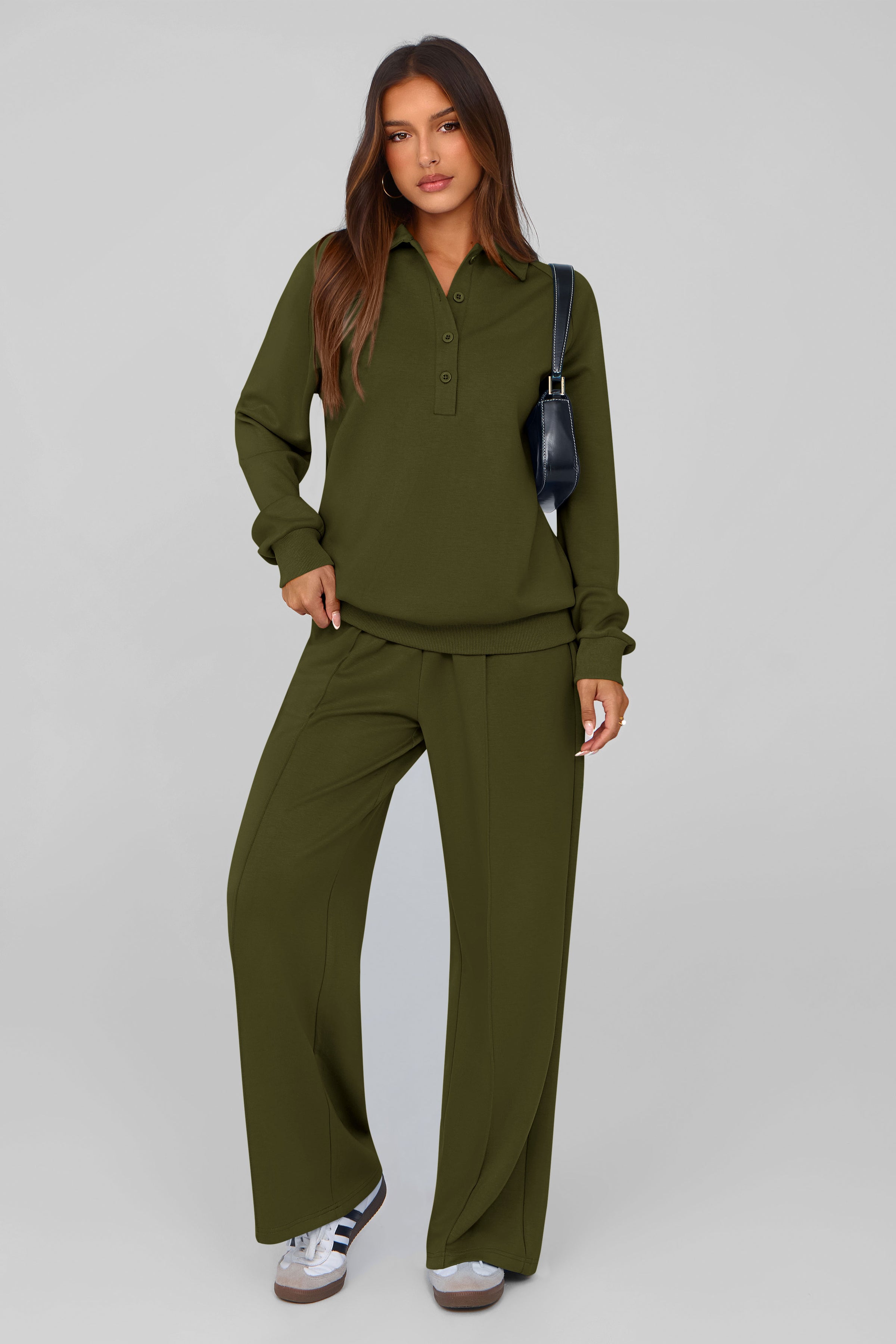 PRETTYGARDEN Women Fall 2 Piece Outfits Sweatsuits Quarter Button Long Sleeve Sweatshirt Wide Leg Pants Tracksuit Lounge Sets