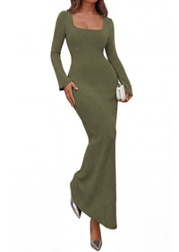 PRETTYGARDEN Women's Fall Long Sleeve Maxi Bodycon Dresses | Soft Stretchy Ribbed Knit, Bell Sleeve Square Neck Mermaid, Elegant Long Dress, Wedding Guest Party, 2026 Winter Clothing