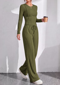 PRETTYGARDEN Womens 2 Piece Sets Long Sleeve Outfits  Soft Ribbed Knit, Loose Wide Leg Fit, Crop Top Drawstring High Waist Pants Set, Casual Lounge Travel, Matching Fall Clothes
