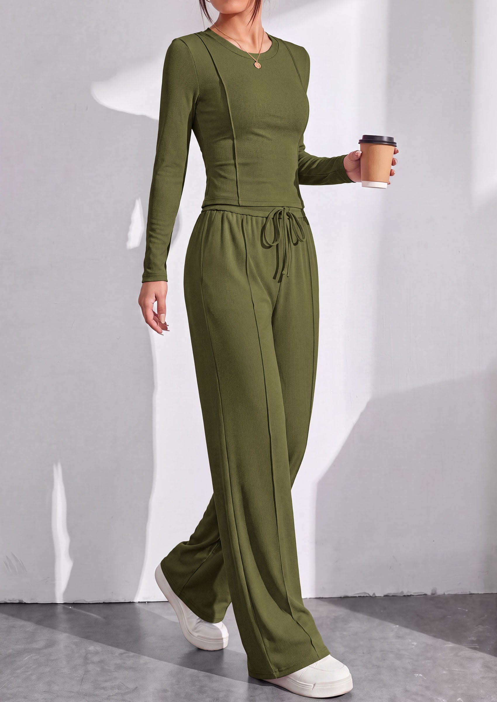 PRETTYGARDEN Womens 2 Piece Sets Long Sleeve Outfits  Soft Ribbed Knit, Loose Wide Leg Fit, Crop Top Drawstring High Waist Pants Set, Casual Lounge Travel, Matching Fall Clothes