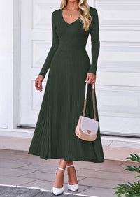 PRETTYGARDEN Women's Fall V Neck Pleated Midi Sweater Dress  Stretchy Ribbed Knit,Long Sleeve,A Line Flowy Skirt,Elegant Long Dresses for Wedding Guest,Work Office,Winter Party Outfits