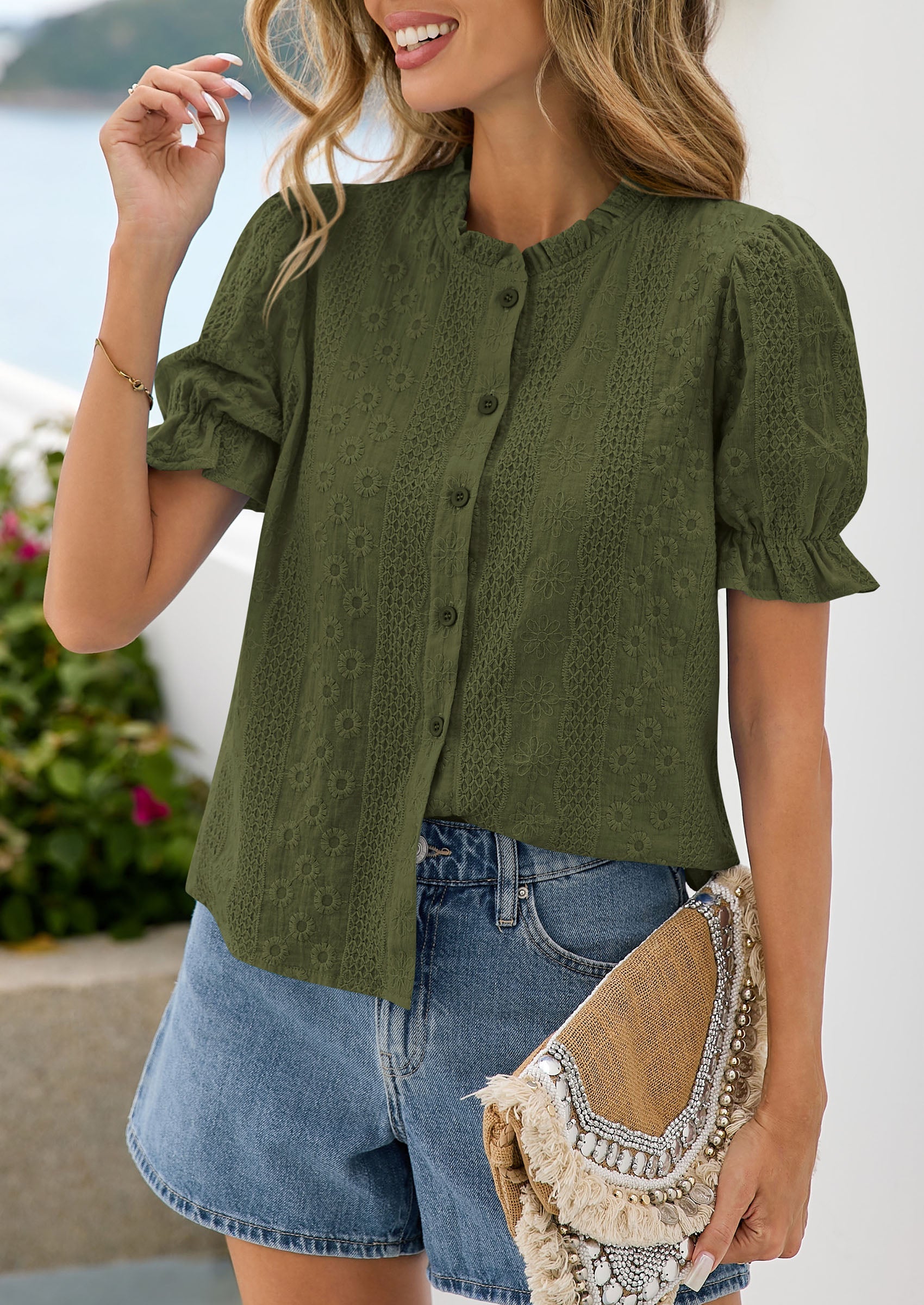 PRETTYGARDEN Womens Puff Short Sleeve Tops 2026 Summer Spring Button Down Boho Embroidered Cute Blouse Dressy Casual Shirts PRETTYGARDEN