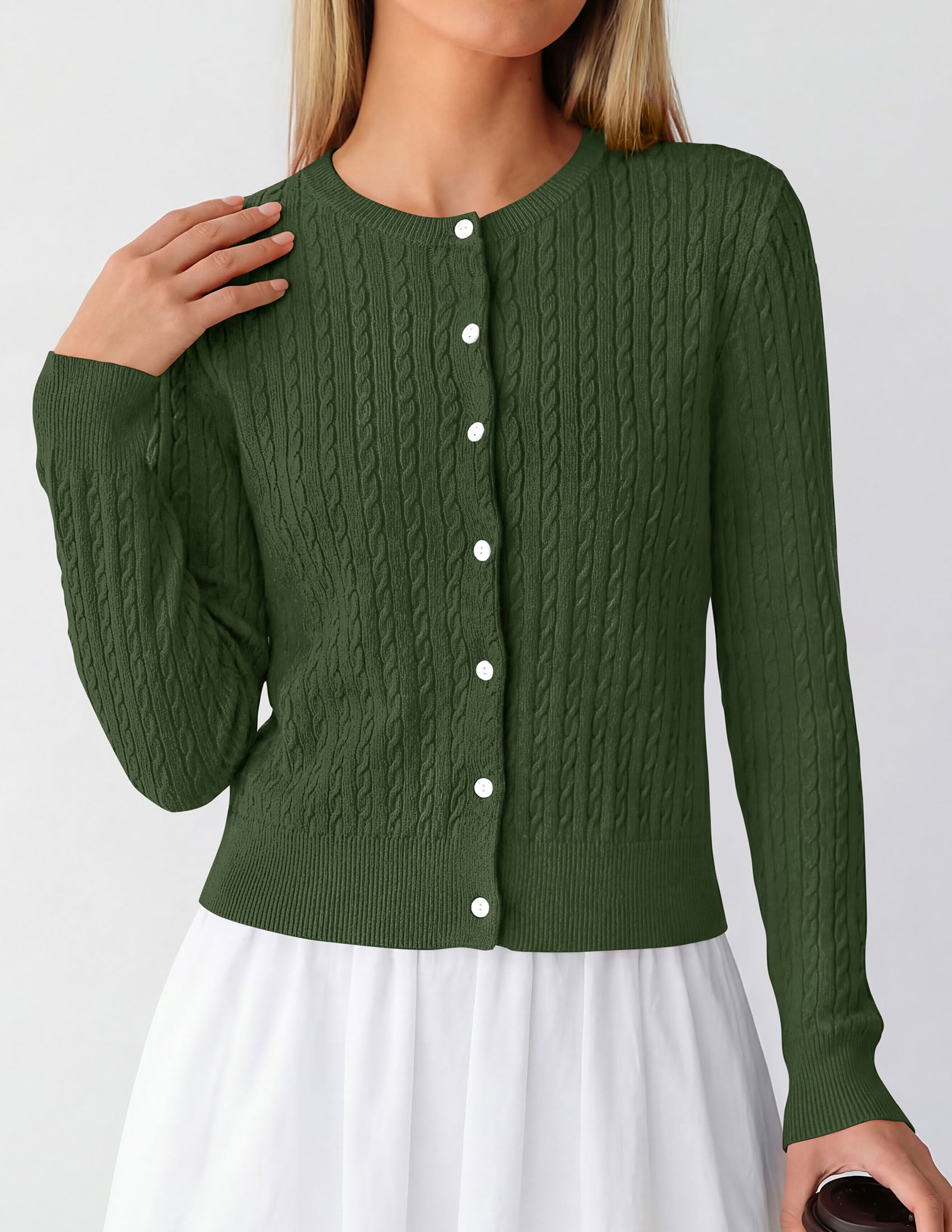 PRETTYGARDEN Women Lightweight Button Up Cardigan Sweaters | Soft Stretchy, Cozy Cable Knit, Long Sleeve Crew Neck, Trendy Cardigans, Cute Casual Outfits, Early Fall Fashion Clothing