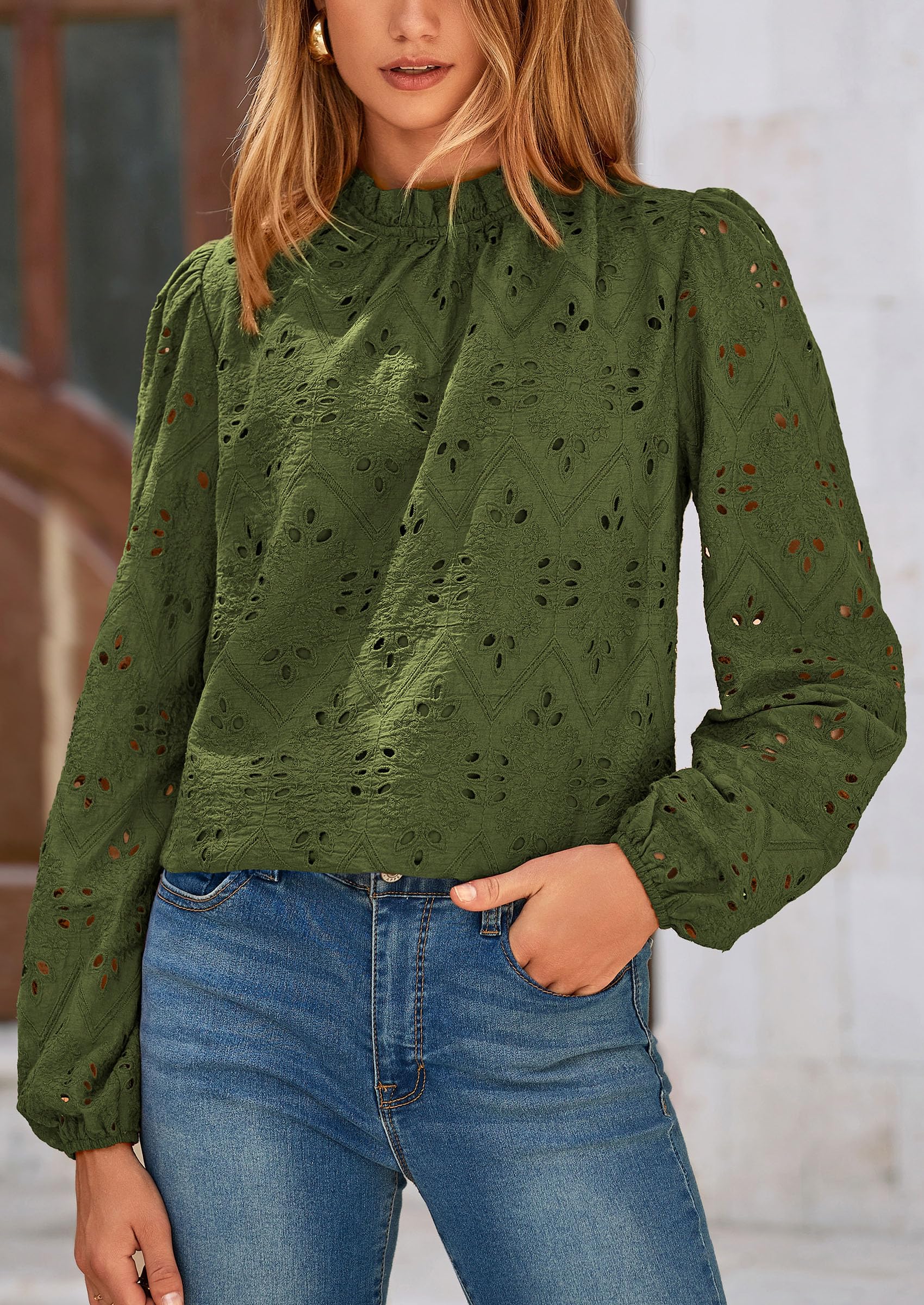 PRETTYGARDEN Womens Tops Dressy Casual Spring Long Sleeve Shirts Embroidered Eyelet Blouses Going Out Outfits