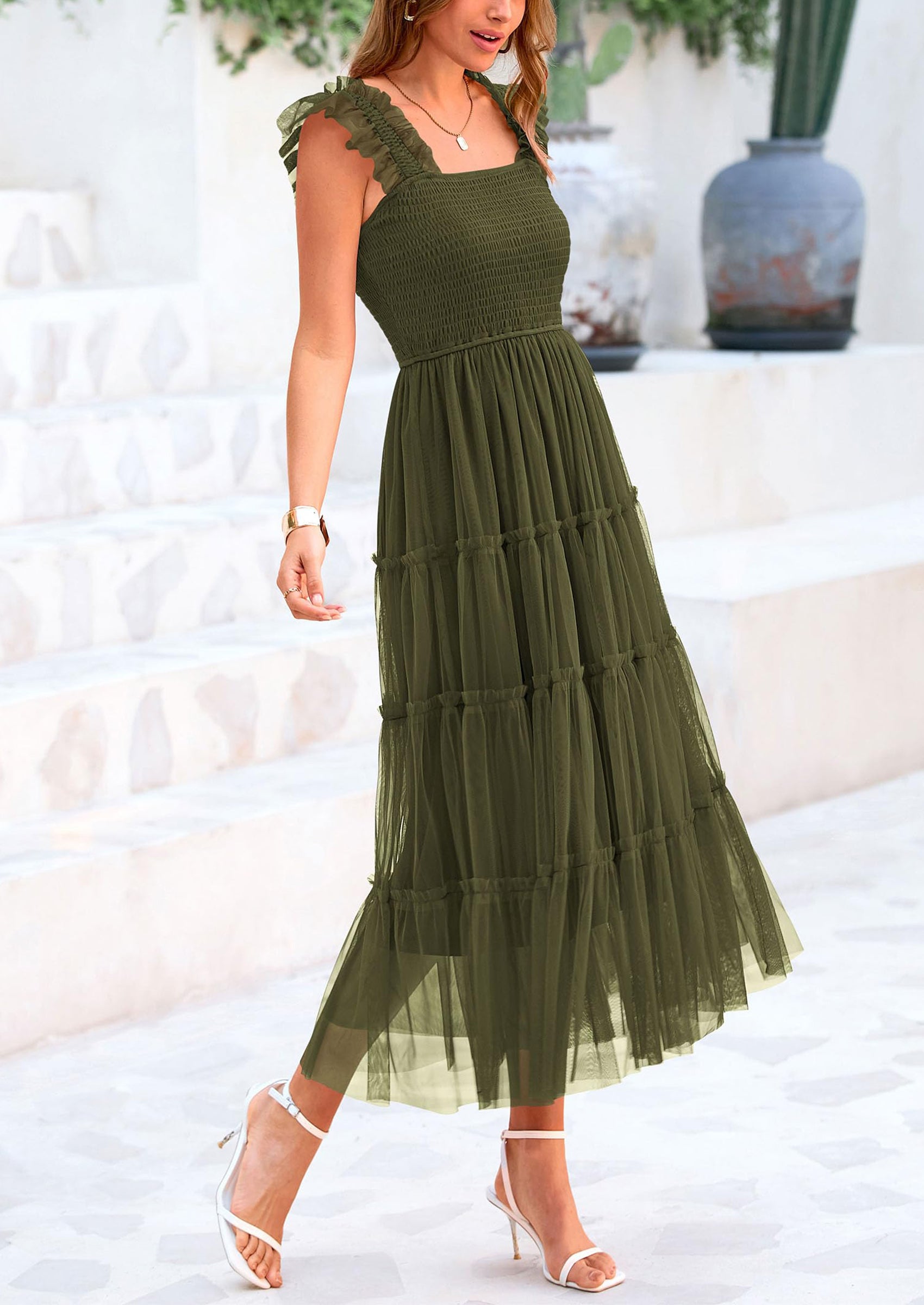 PRETTYGARDEN Women's Tulle Midi Dress Sleeveless Smocked Ruffle Mesh Flowy Dresses Party Wedding Guest Sundress