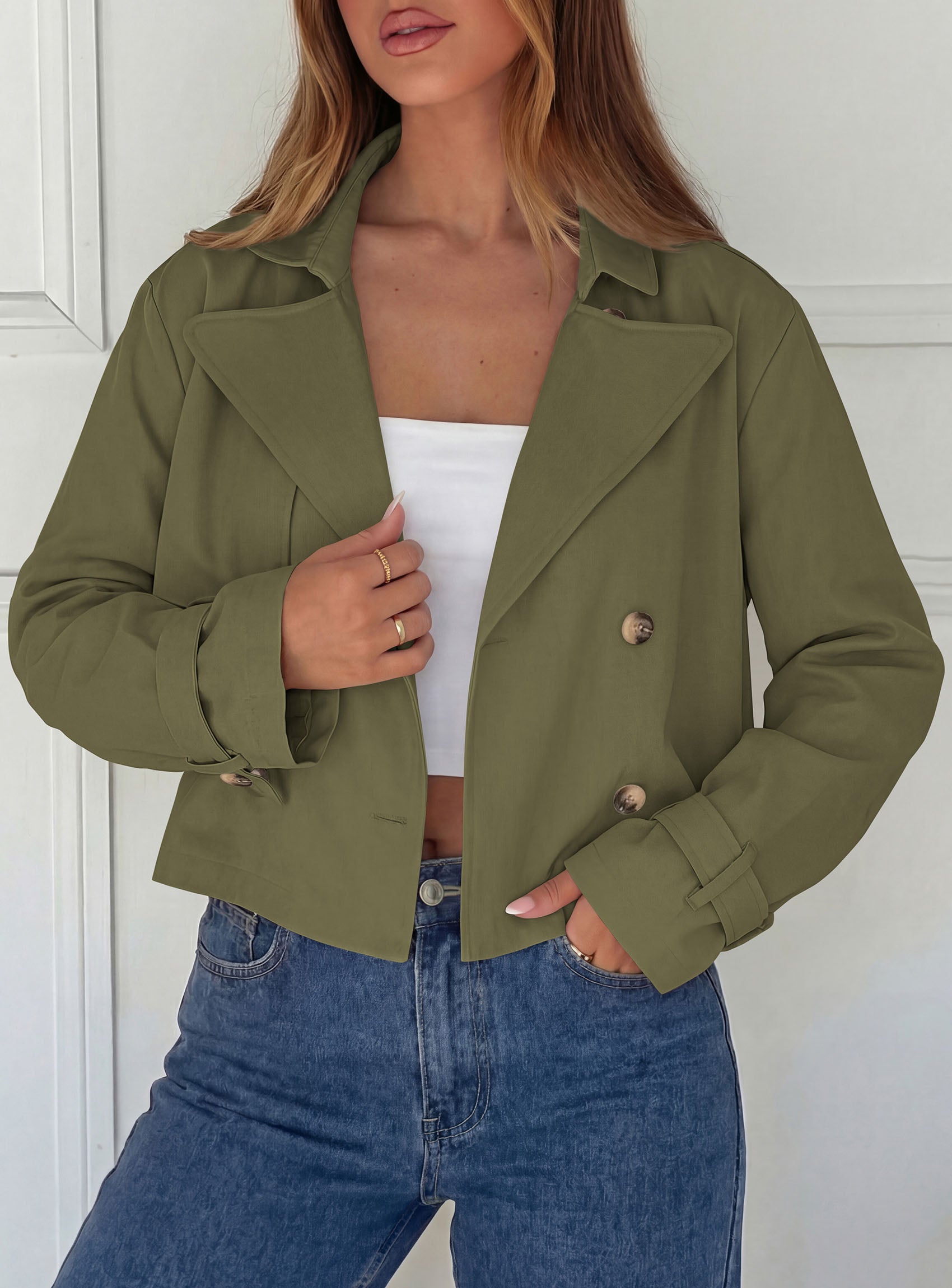 PRETTYGARDEN Cropped Trench Coat For Women Short Jacket  Soft Lightweight Coats, Lapel Double Breasted, Long Sleeve Loose Fit, Casual Work Office Jackets, Fall Winter Outwear
