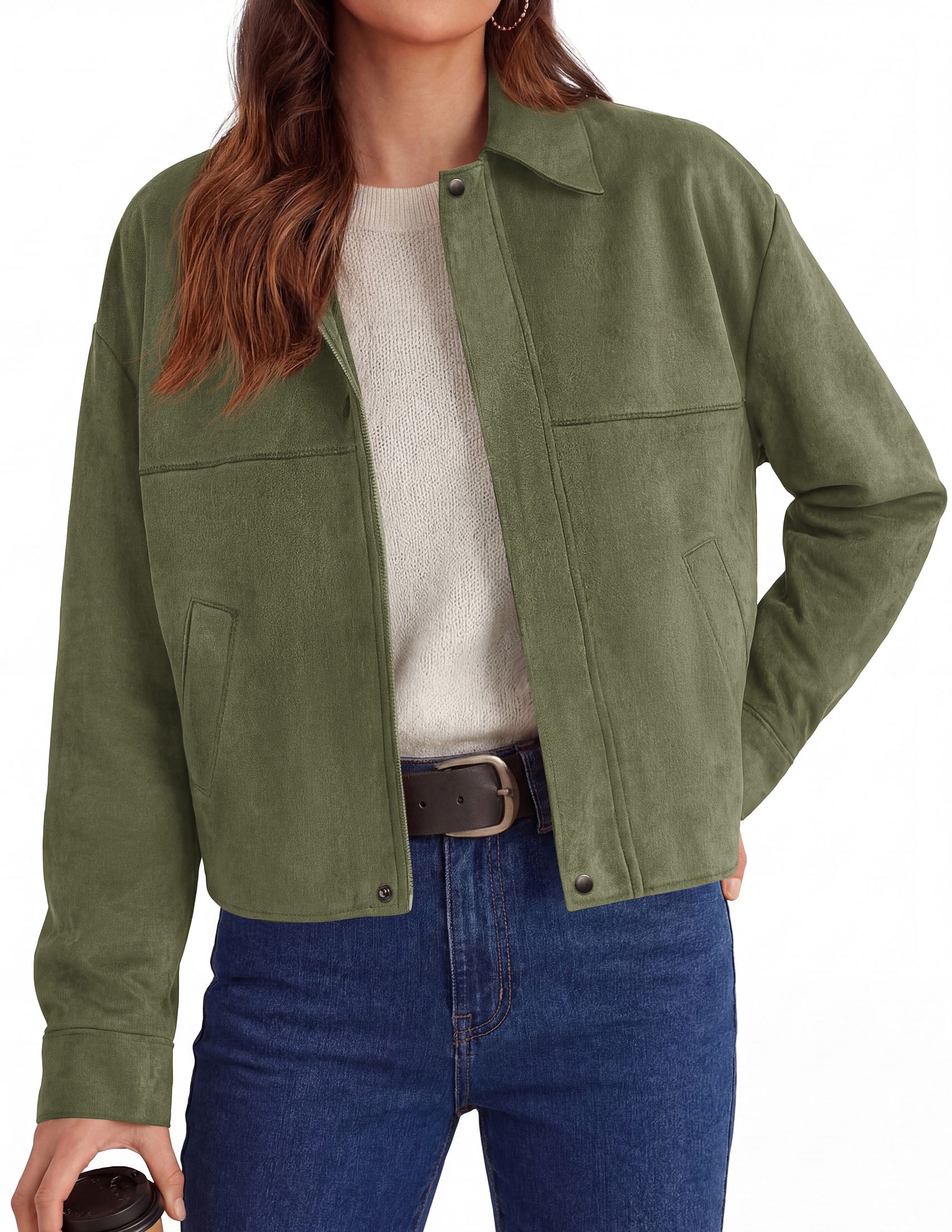 PRETTYGARDEN Women's Faux Suede Cropped Fall Jackets | Soft Zip Up Coats,Classic Lapel Collar,Button Down Shacket,Oversized Casual Outerwear,Trendy Winter Clothes with Pockets