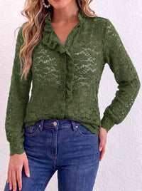 PRETTYGARDEN Women Lace Tops Button Down Long Sleeve Shirts  | Sheer Lace Button Shirts, Elegant Ruffle Collar Blouses, Eyelet Tops Dressy Casual, Date Night Outfit, Fall Fashion Clothing