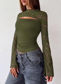 PRETTYGARDEN Womens Tops Fall Sexy Bell Long Sleeve Shirts Cut Out Fitted Y2k Lace Tshirt Ruched Going Out Crop Top 2026