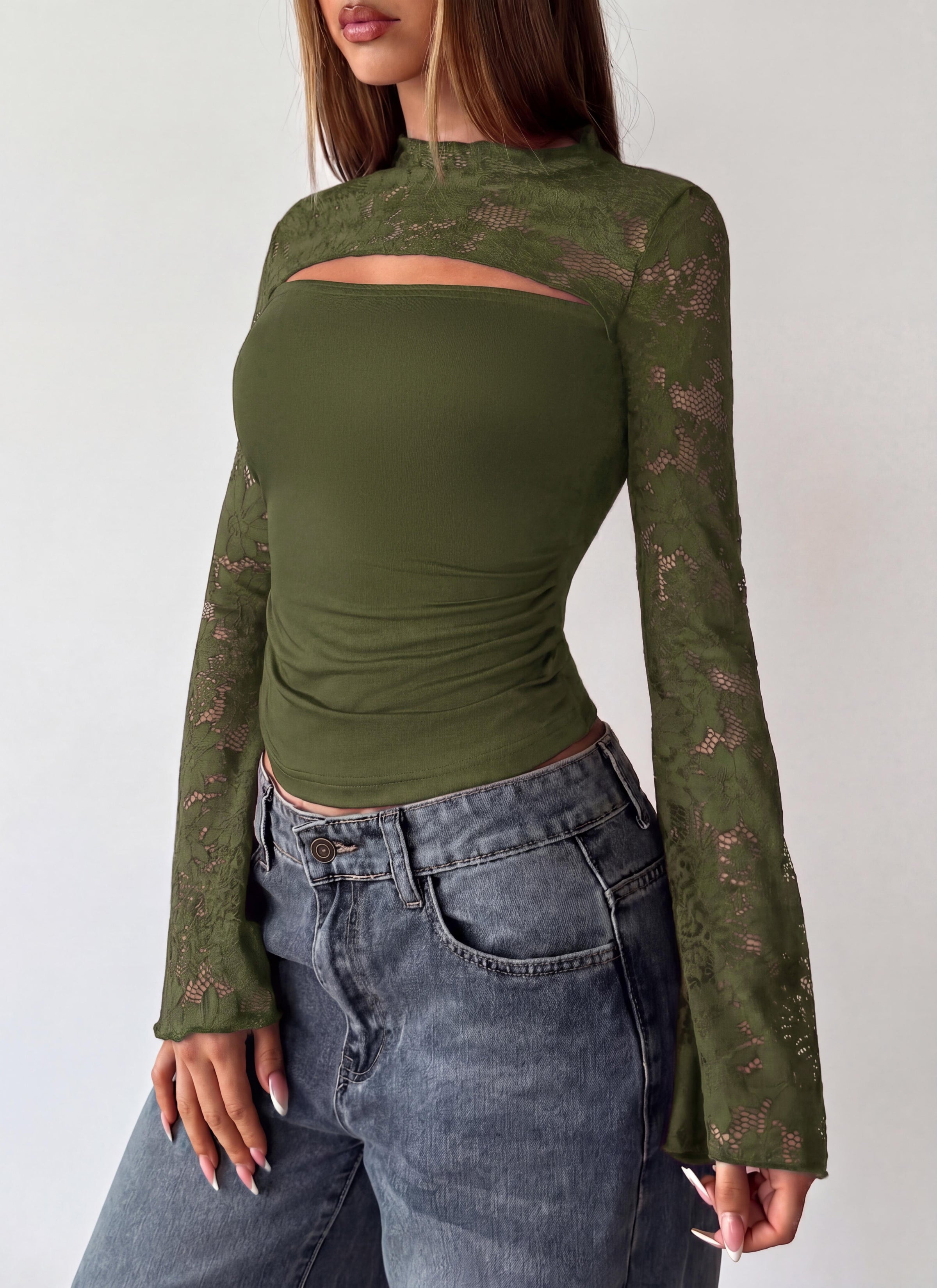 PRETTYGARDEN Womens Tops Fall Sexy Bell Long Sleeve Shirts Cut Out Fitted Y2k Lace Tshirt Ruched Going Out Crop Top 2026