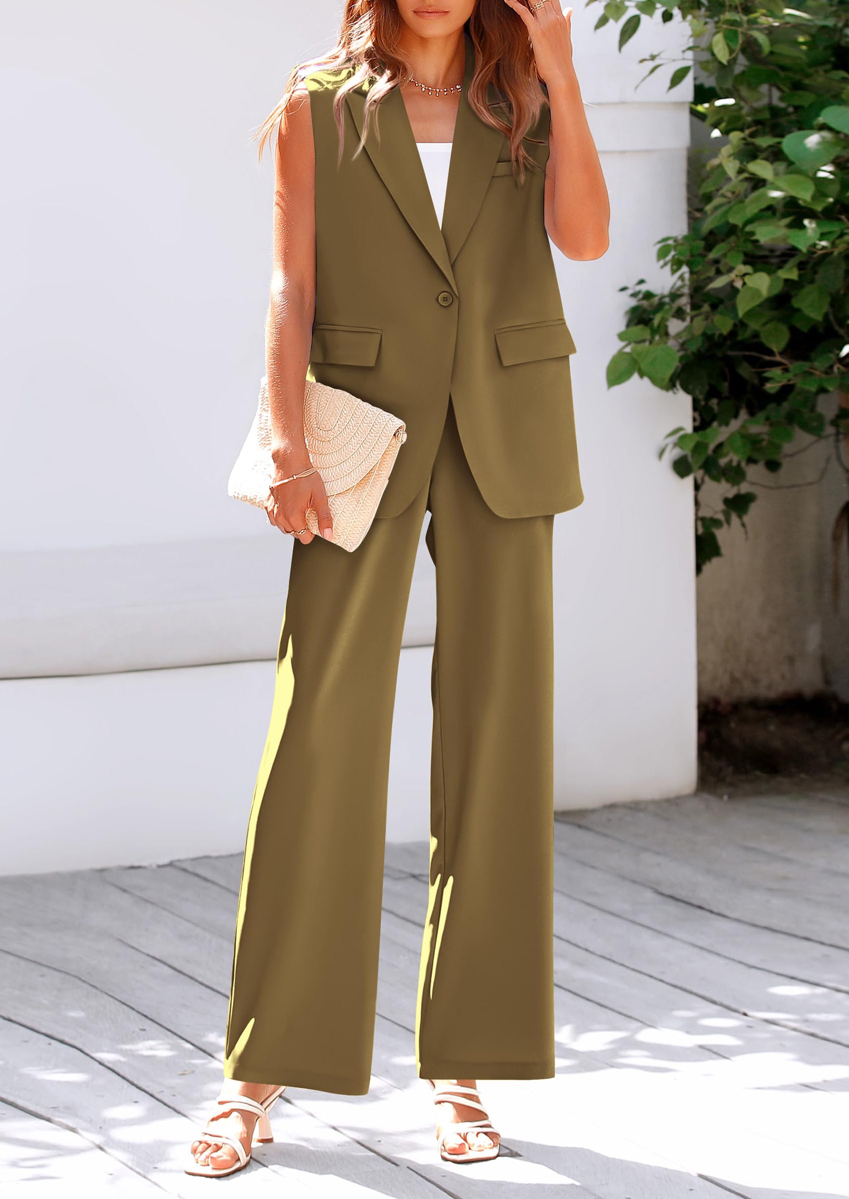 PRETTYGARDEN Women's 2 Piece Outfits Sleeveless Suit Vest and Wide Leg Pants Business Casual Blazer Sets