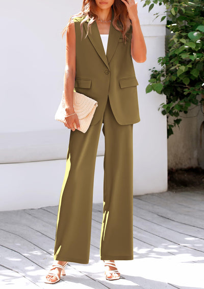 PRETTYGARDEN Women's 2 Piece Outfits Sleeveless Suit Vest and Wide Leg Pants Business Casual Blazer Sets