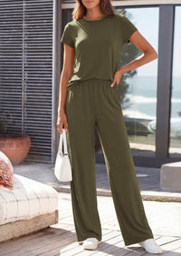 PRETTYGARDEN Women's 2026 Summer 2 Piece Matching Lounge Sets Short Sleeve Shirts Wide Leg Pants Travel Airport Outfits