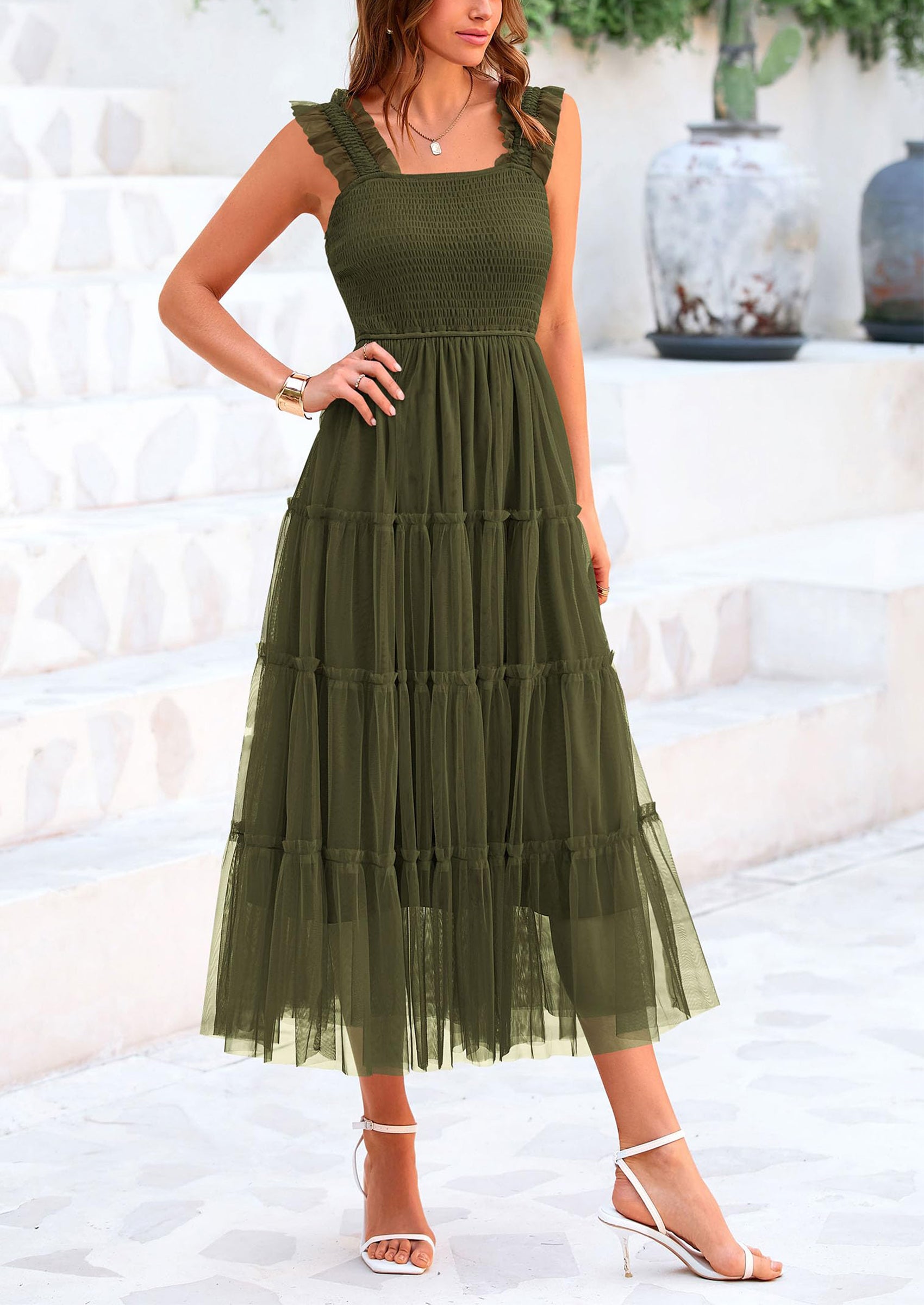 PRETTYGARDEN Women's Tulle Midi Dress Sleeveless Smocked Ruffle Mesh Flowy Dresses Party Wedding Guest Sundress