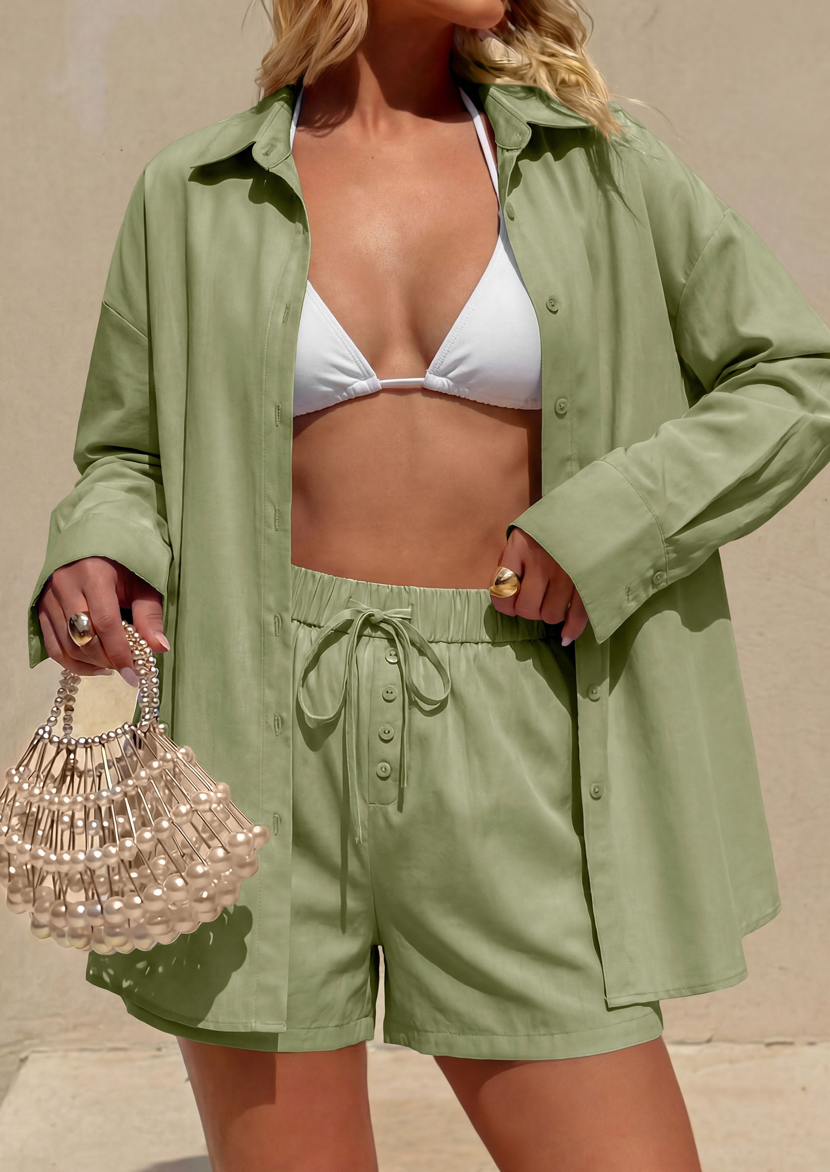 PRETTYGARDEN Women's Summer 2 Piece Matching Lounge Sets Pajamas Long Sleeve Shirts Blouse Pockets Shorts 2026 Spring Outfits