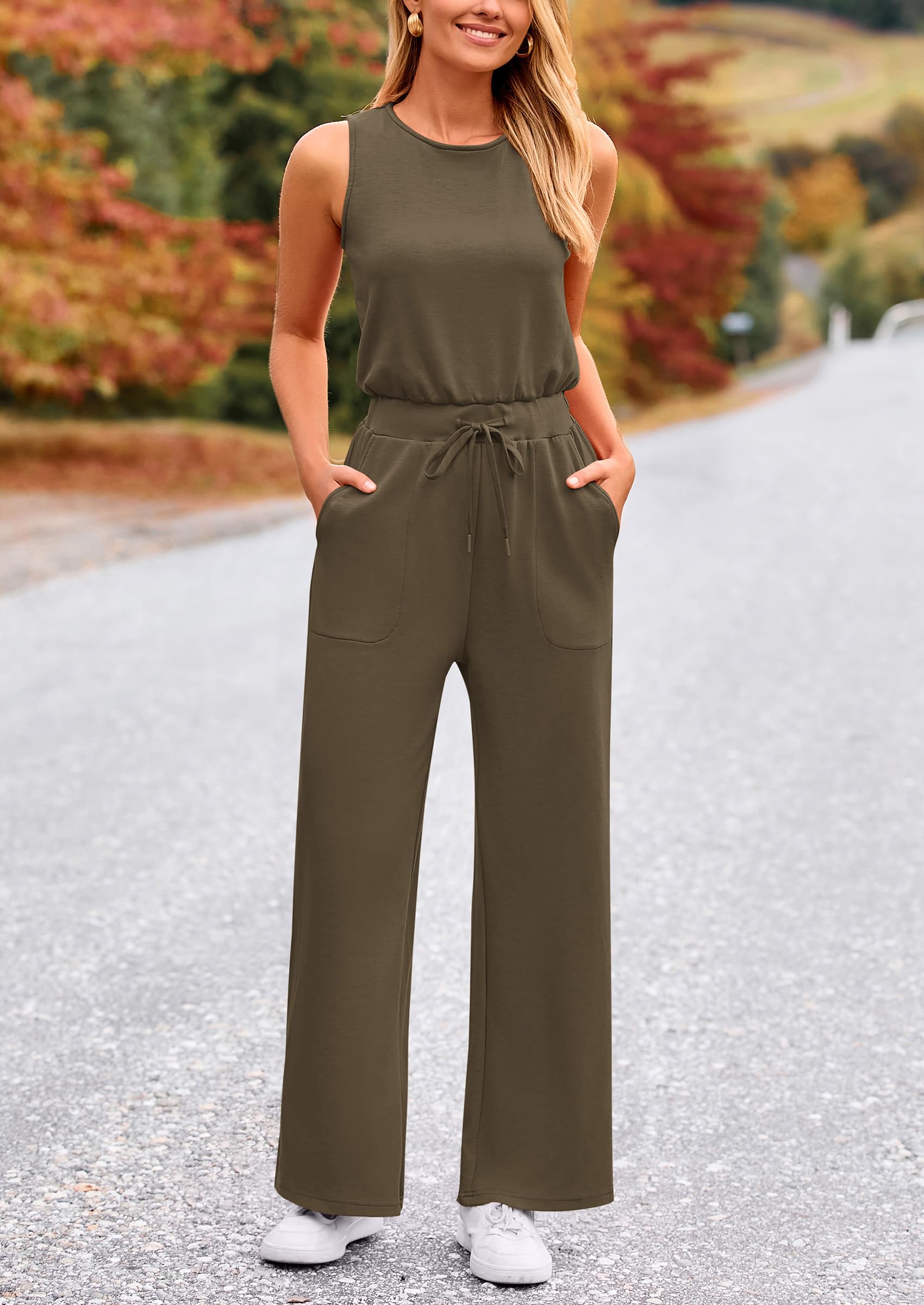 PRETTYGARDEN Womens Jumpsuits Summer Casual One Piece Outfits Sleeveless Wide Leg Long Pants Rompers