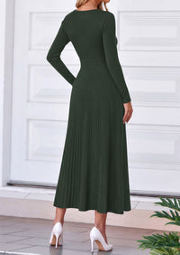 PRETTYGARDEN Women's Fall V Neck Pleated Midi Sweater Dress  Stretchy Ribbed Knit,Long Sleeve,A Line Flowy Skirt,Elegant Long Dresses for Wedding Guest,Work Office,Winter Party Outfits