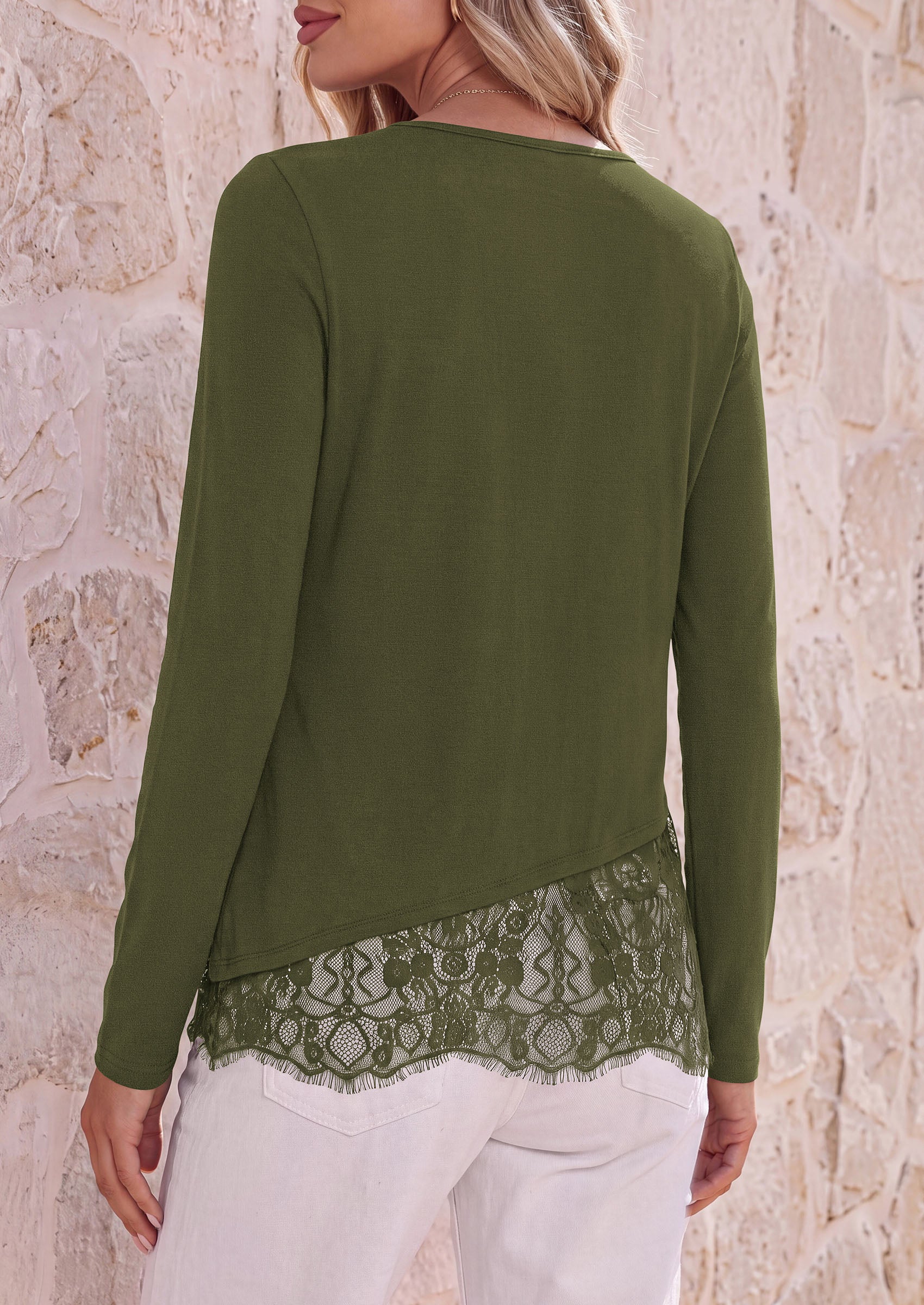 PRETTYGARDEN Women's Lace Patchwork Long Sleeve Shirts | Soft Casual Tops,Irregular Asymmetrical Hem,Crew Neck Thermal Blouses,Loose Fit Layer Tee,Fashion Fall Winter Daily Wear