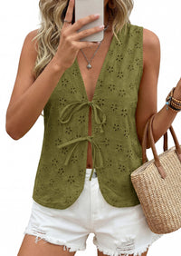 PRETTYGARDEN Women 2026 Summer Tie Front Eyelet Tank Tops Trendy Floral Vest Sleeveless V Neck Dressy Blouse Vacation Outfits PRETTYGARDEN