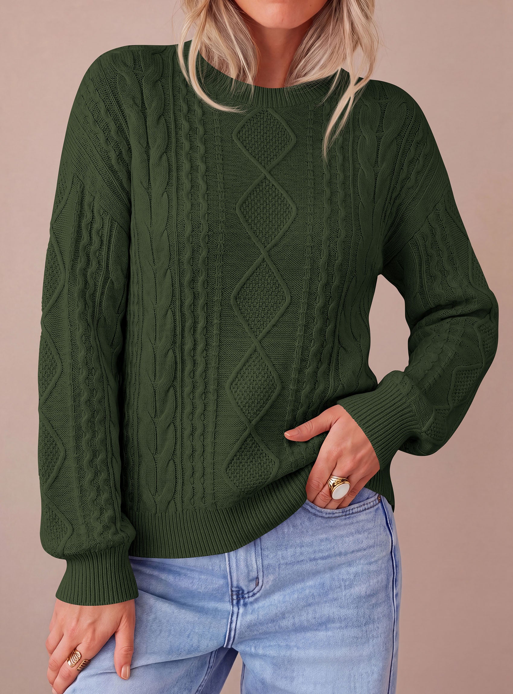 PRETTYGARDEN Womens Cable Knit Sweater Crewneck Pullover | Soft Ribbed Cuffs,Relaxed Fit Long Sleeve Sweaters,Chunky Diamond,Warm Layering,Comfy Daily Wear,Fall Winter Going out Top