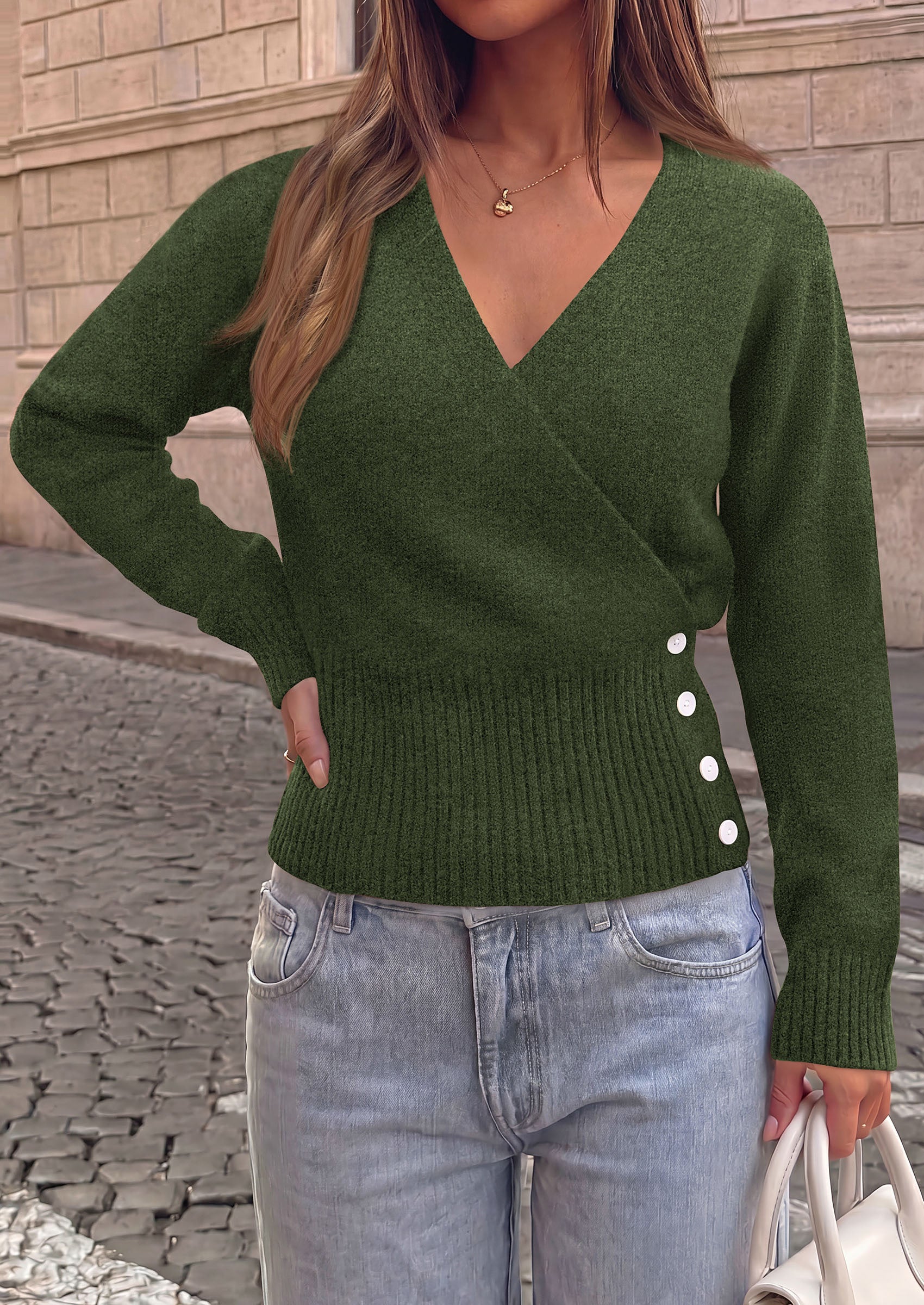 PRETTYGARDEN Women V Neck Wrap Sweater Cropped Tops Fall Winter Fashion 2026, Business Casual Outfits, Stretchy Soft knit, Wide Ribbed Hem with Side Buttons Pullover Sweaters
