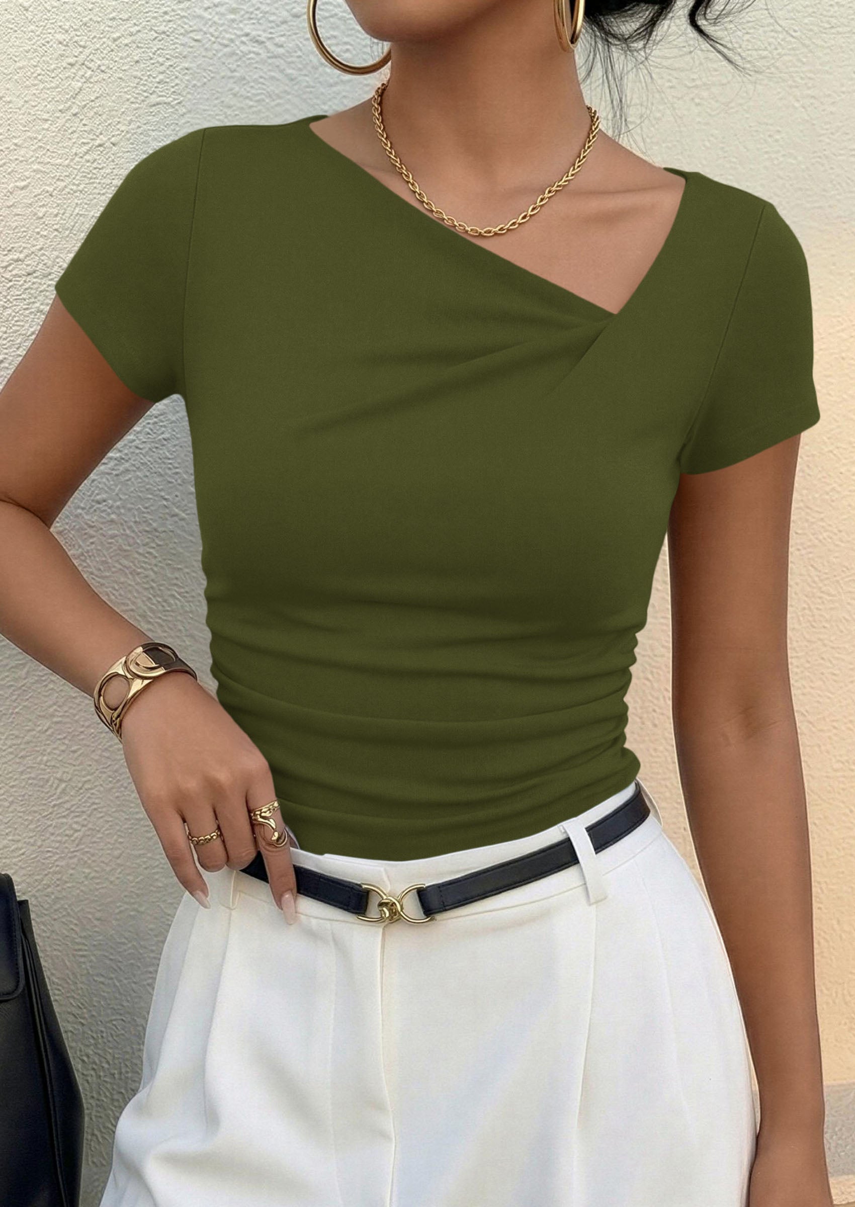 PRETTYGARDEN Women's 2026 Summer Asymmetrical Y2K Tops Trendy Ribbed Short Sleeve Fitted Tee Shirts Spring Fashion Clothing