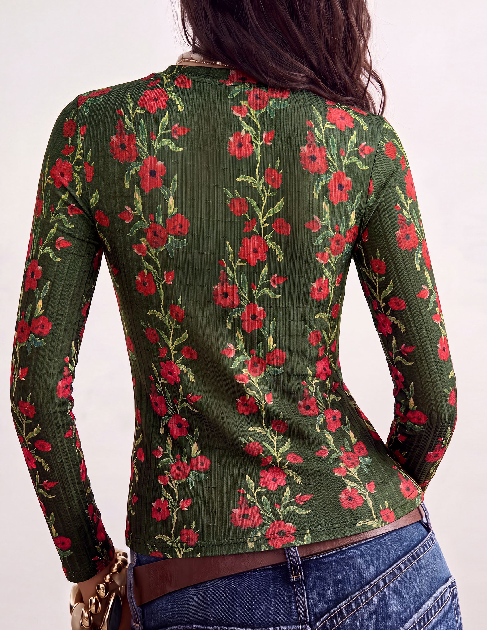 PRETTYGARDEN Womens Long Sleeve Shirts Floral Y2K Tops | Soft Lightweight Ribbed Knit Top,Fitted Waist,Crew Neck Slim Fit,Going Out Vacation Outfits,Layering Fall Winter Clothes