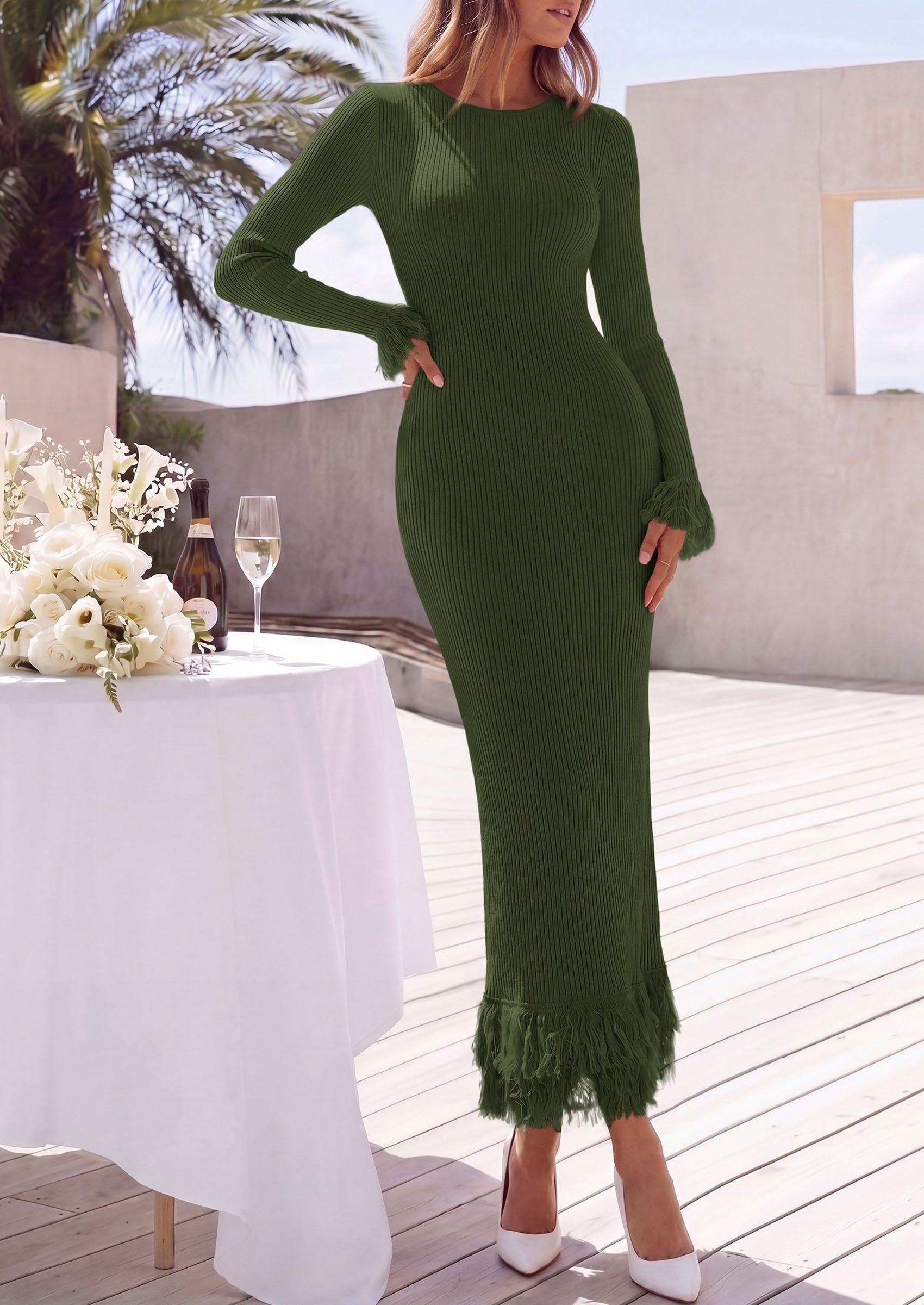 PRETTYGARDEN Womens Long Sleeve Bodycon Sweater Dress  Stretchy Ribbed Knit,Fringe Trim Cuffs & Hem,Slim Fit Crewneck,Date Night Outfits,Fall Winter Wedding Guest Cocktail Dresses