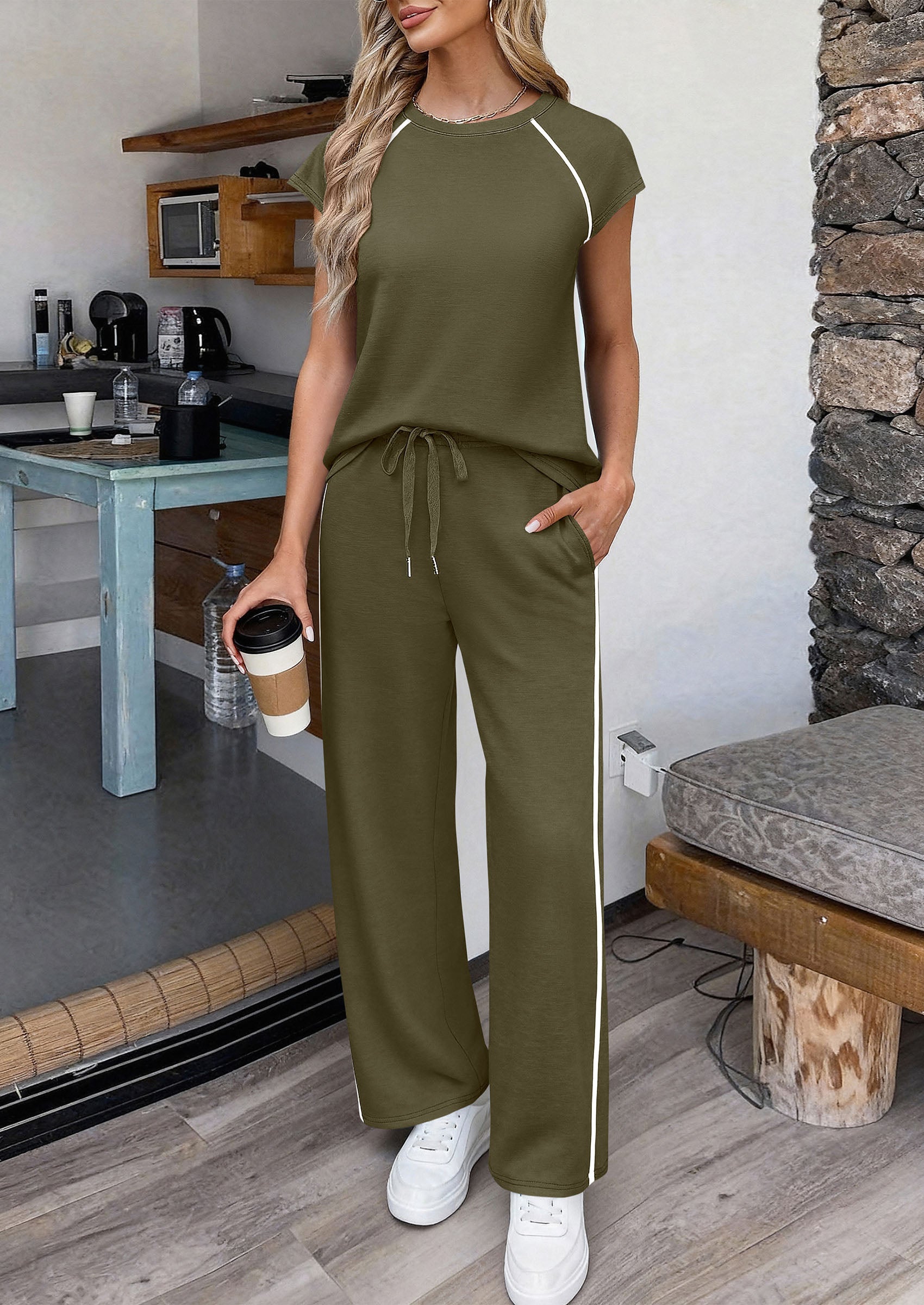 PRETTYGARDEN Women's 2 Piece Lounge Sets 2026 Summer Cap Sleeve Tops Wide Leg Pants Travel Outfits Matching Fashion Clothing PRETTYGARDEN