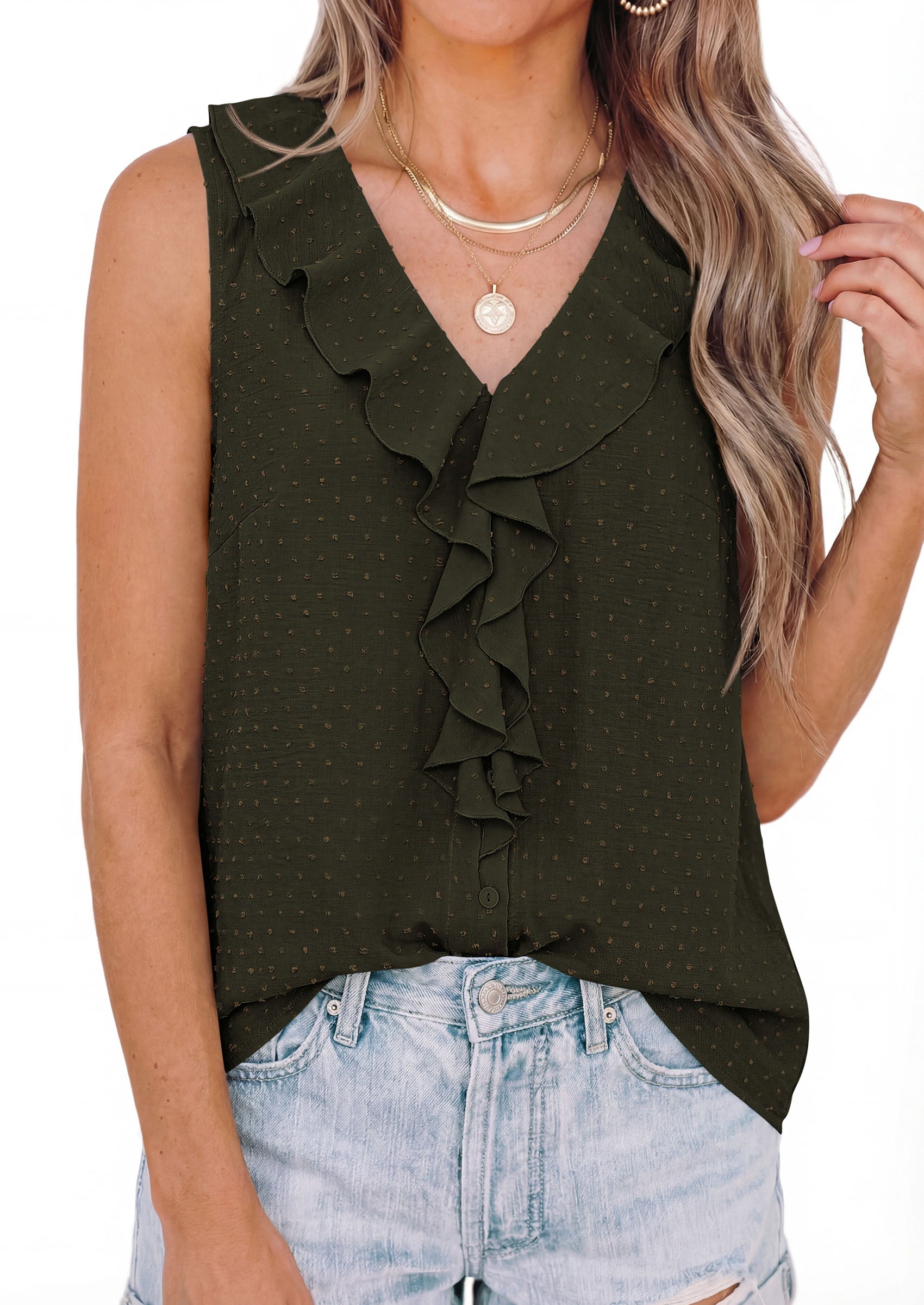 PRETTYGARDEN Womens Tank Tops 2026 Summer Dressy Casual Blouses Sleeveless Ruffle V Neck Swiss Dot Button Down Work Shirts PRETTYGARDEN