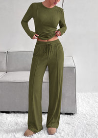 PRETTYGARDEN Womens 2 Piece Sets Long Sleeve Outfits  Soft Ribbed Knit, Loose Wide Leg Fit, Crop Top Drawstring High Waist Pants Set, Casual Lounge Travel, Matching Fall Clothes