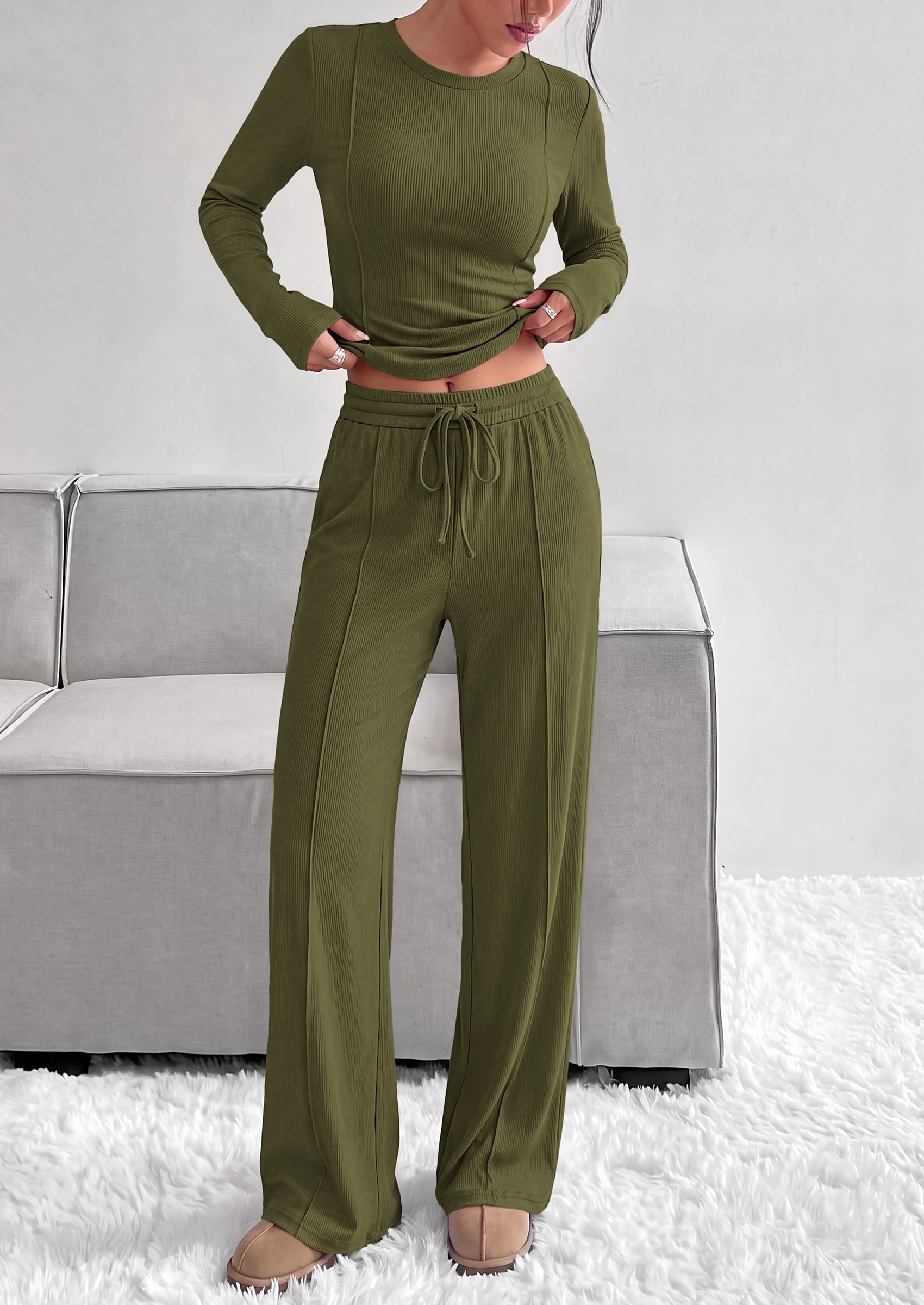 PRETTYGARDEN Womens 2 Piece Sets Long Sleeve Outfits  Soft Ribbed Knit, Loose Wide Leg Fit, Crop Top Drawstring High Waist Pants Set, Casual Lounge Travel, Matching Fall Clothes