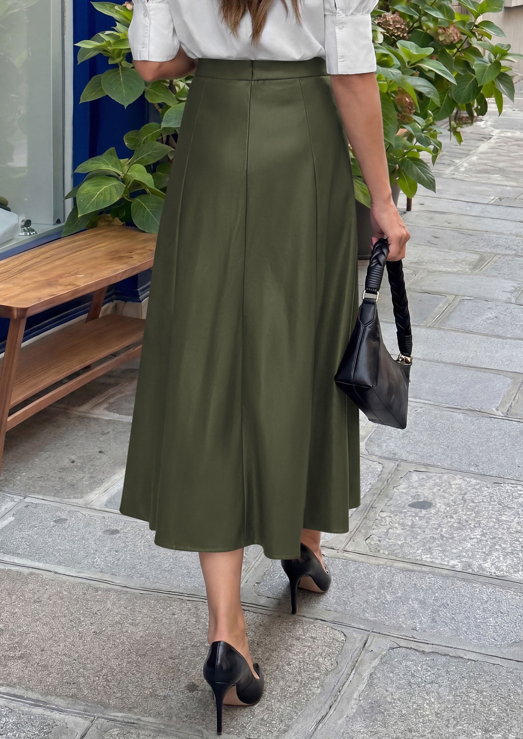 PRETTYGARDEN Womens Faux Leather High Waisted Midi Skirt | Flowy A Line Pleated Skirts, Elegant Swing Flared, Work Business Casual Outfits, Fall Winter Fashion Clothes